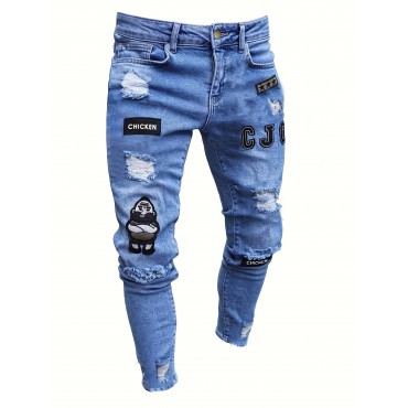 Embroidery Slim Fit Ripped Jeans, Men's Casual Street Style Distressed Denim Pants For Spring Summer