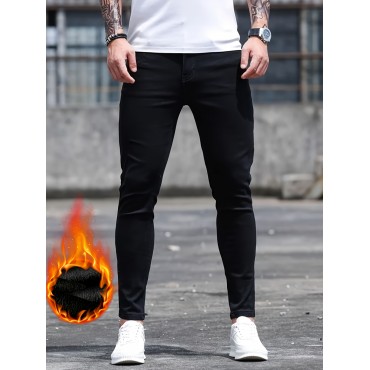 Men's Casual Fleece Lined Jeans, Street Style Medium Stretch Skinny Jeans