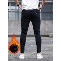 Men's Casual Fleece Lined Jeans, Street Style Medium Stretch Skinny Jeans