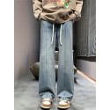 Wide Leg Cotton Blend  Drawstring Jeans, Men's Casual Street Style Loose Fit Denim Pants For Spring Summer