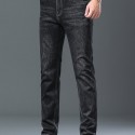 Classic Design Straight Leg Jeans For Business, Men's Semi-formal Stretch Denim Pants With Pockets For Fall Winter