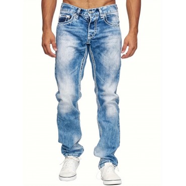 Men's Casual Slim Fit Stretch Jeans, Chic Street Style Distressed Denim Pants