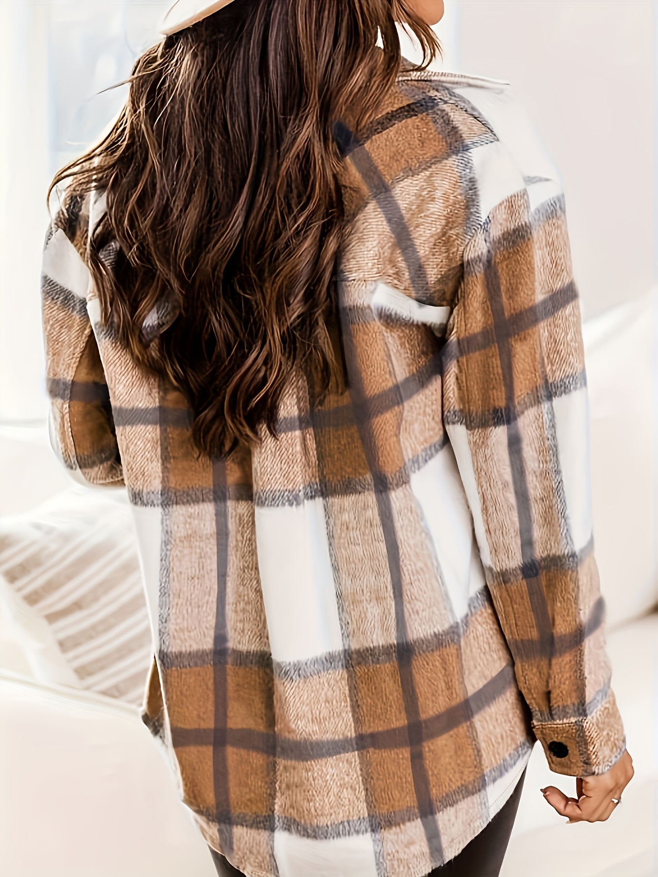 plaid print shacket jacket casual button front long sleeve outerwear womens clothing details 15