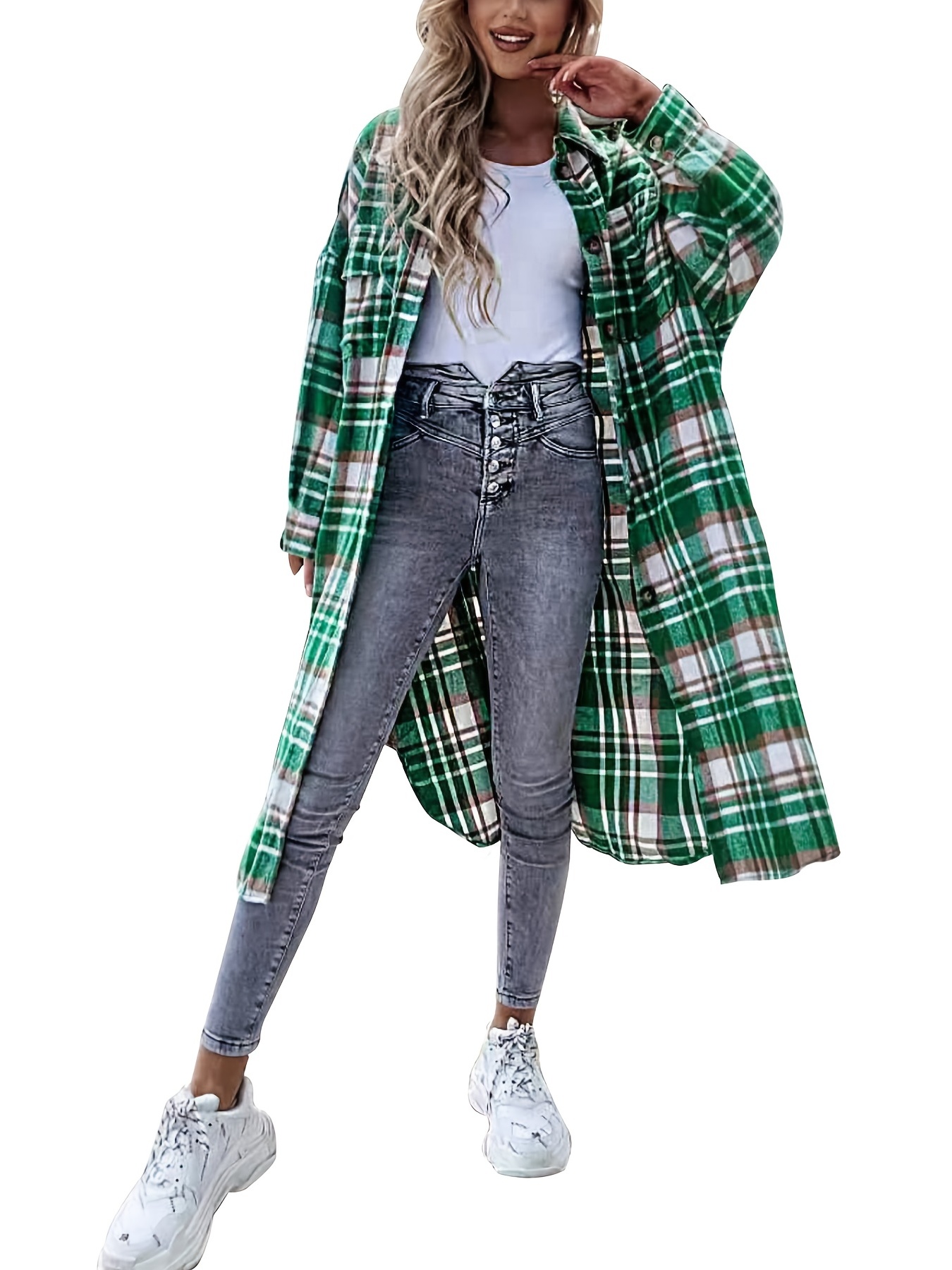 plaid print long length jacket casual button front flap pockets outwear womens clothing details 1