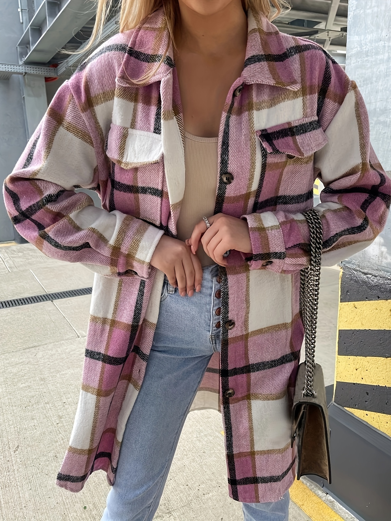 plaid print long length jacket casual button front flap pockets outwear womens clothing details 8