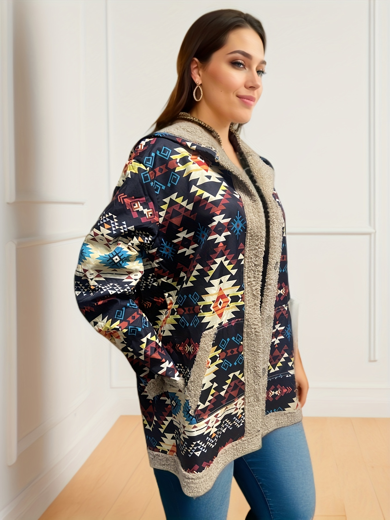 geo print button front jacket casual long sleeve hooded jacket with pockets for fall winter womens clothing details 3