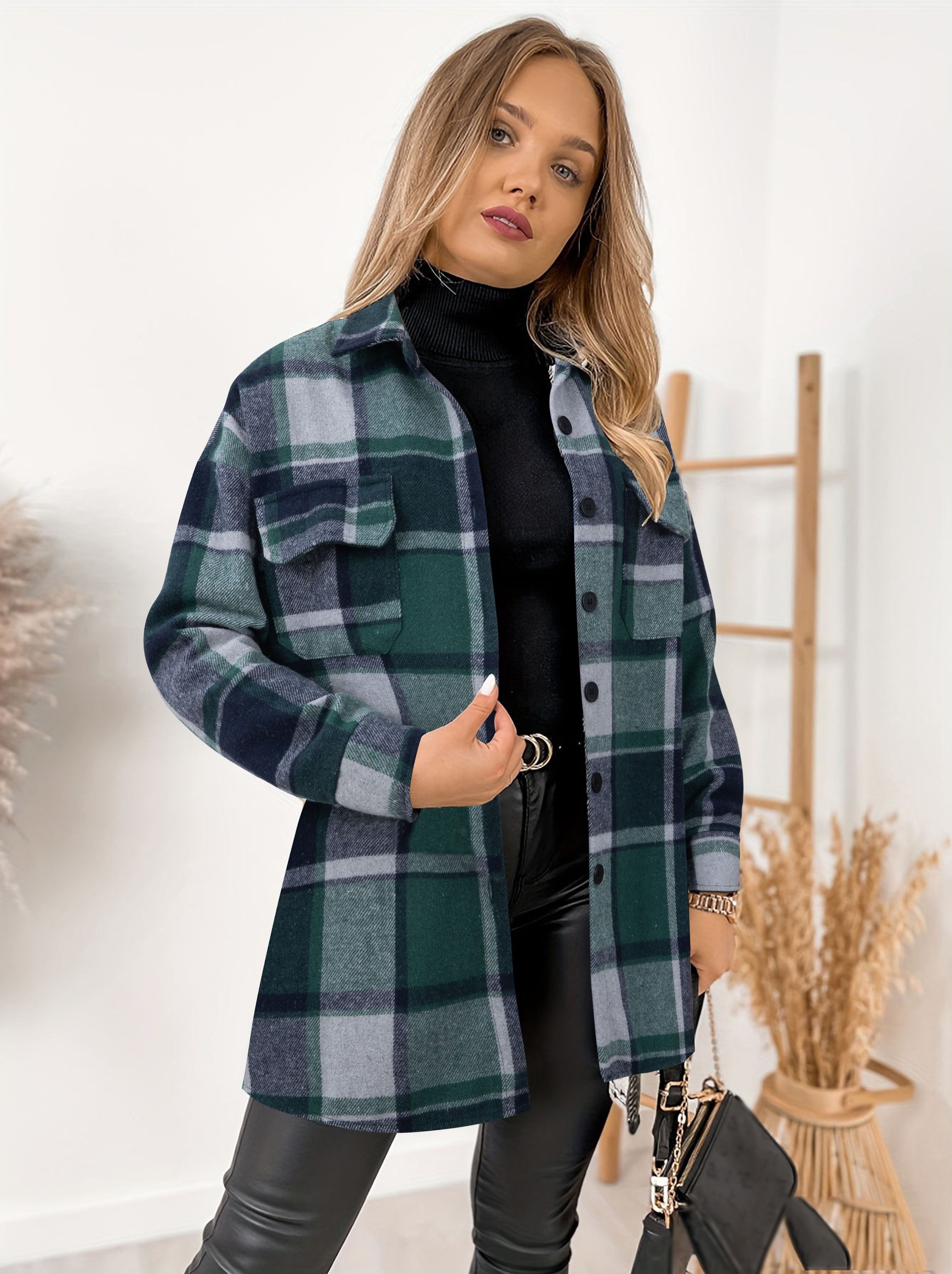 plaid print shacket jacket casual button front long sleeve pocket outerwear womens clothing details 9