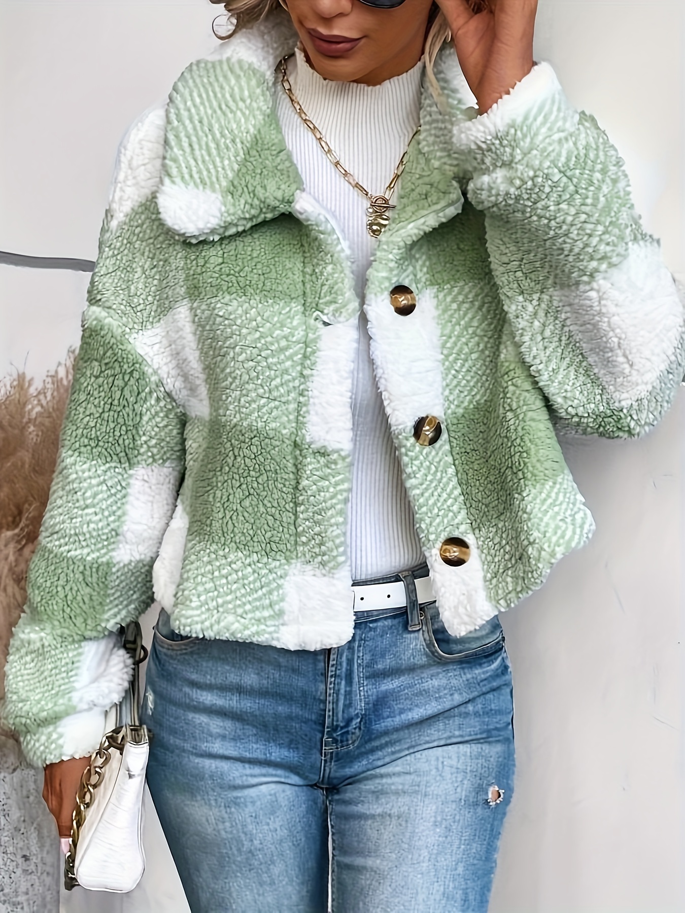 plaid pattern button front teddy coat versatile long sleeve winter thermal outwear womens clothing details 4