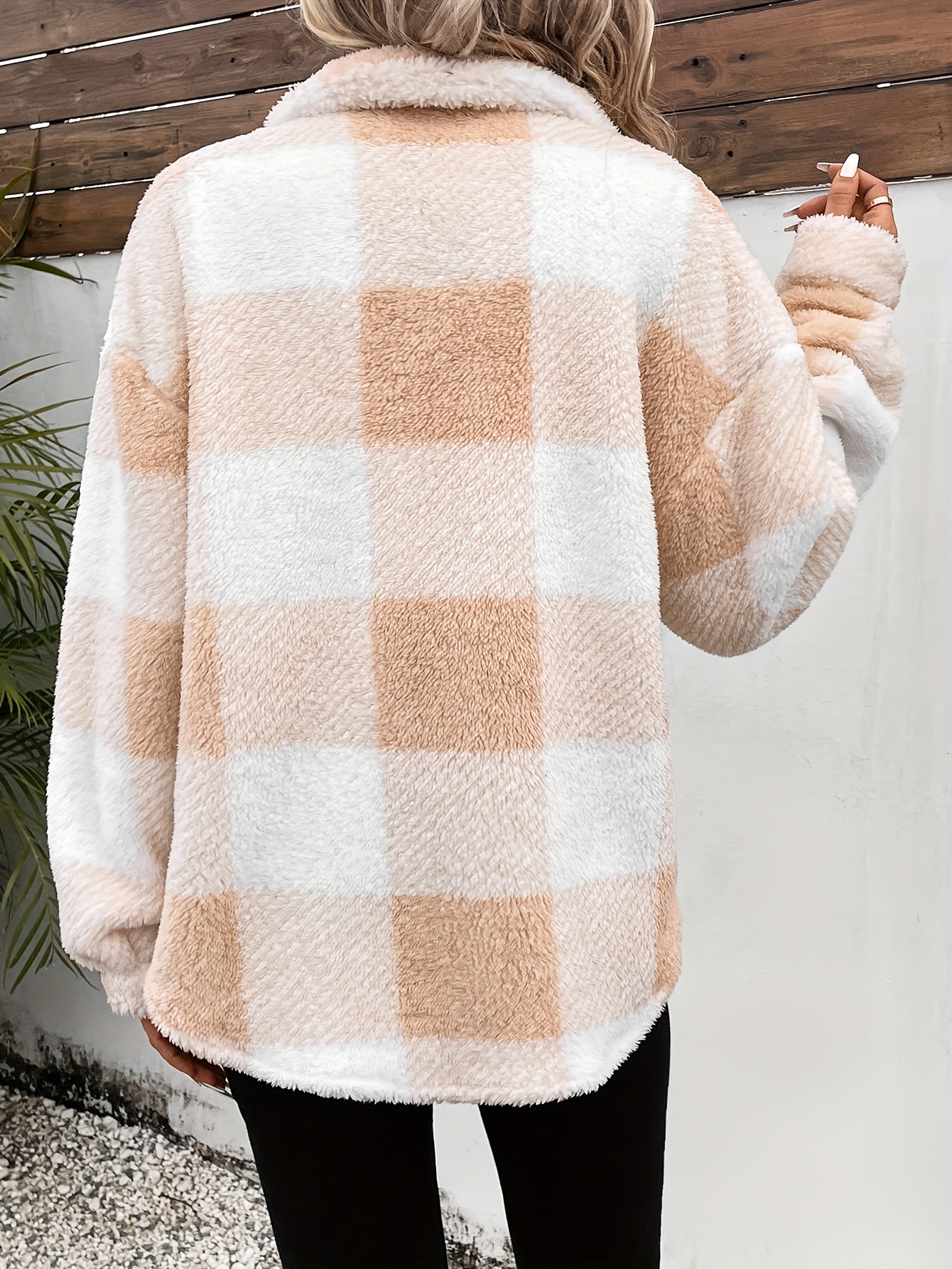 coat, plaid fuzzy fall winter coat casual button front long sleeve warm outerwear womens clothing details 9