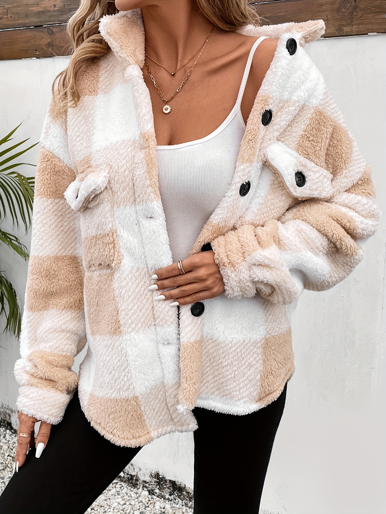 coat, plaid fuzzy fall winter coat casual button front long sleeve warm outerwear womens clothing details 11