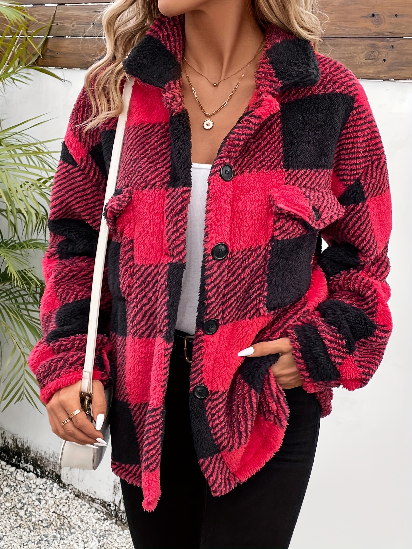 coat, plaid fuzzy fall winter coat casual button front long sleeve warm outerwear womens clothing details 16