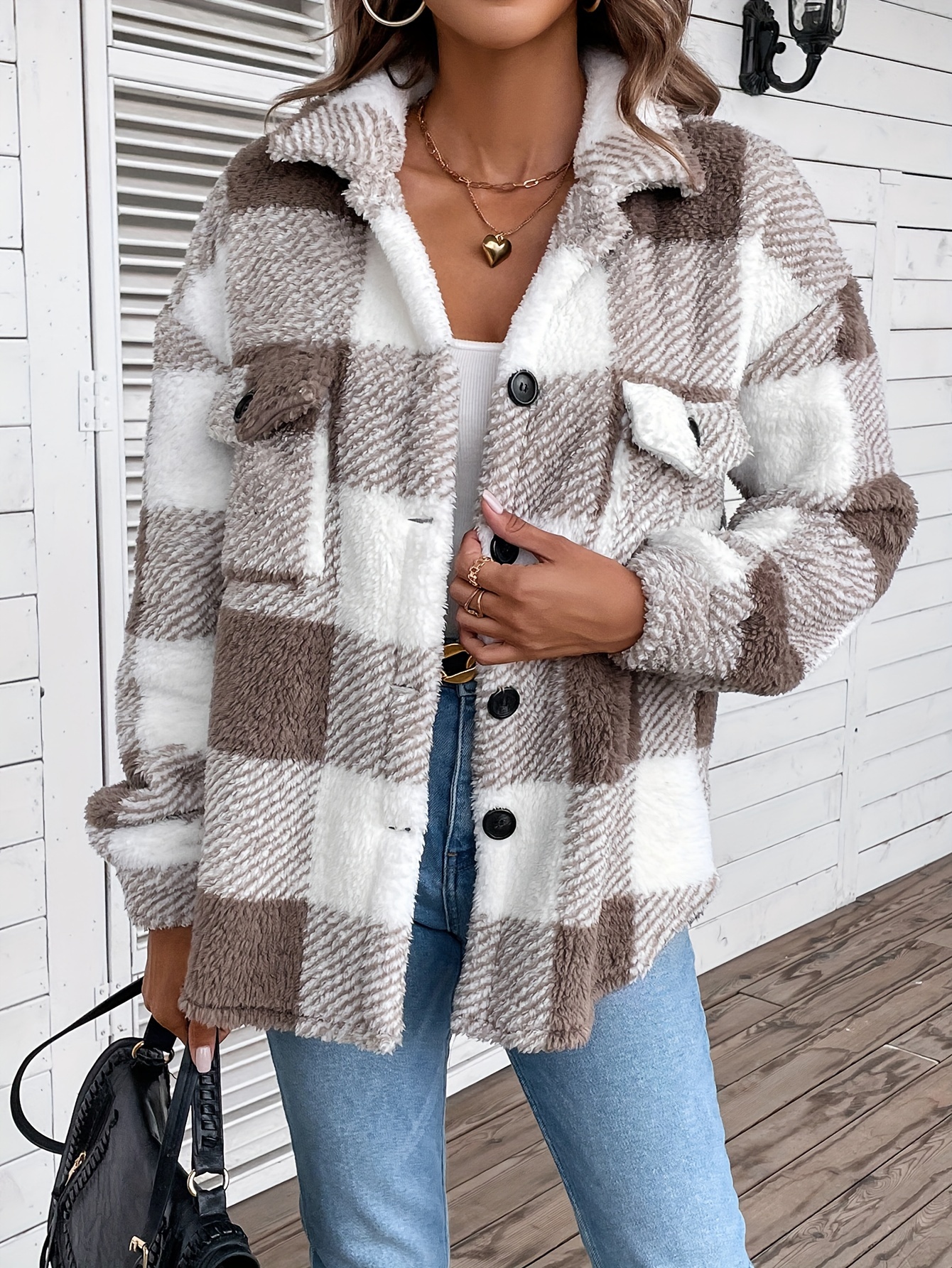 coat, plaid fuzzy fall winter coat casual button front long sleeve warm outerwear womens clothing details 20