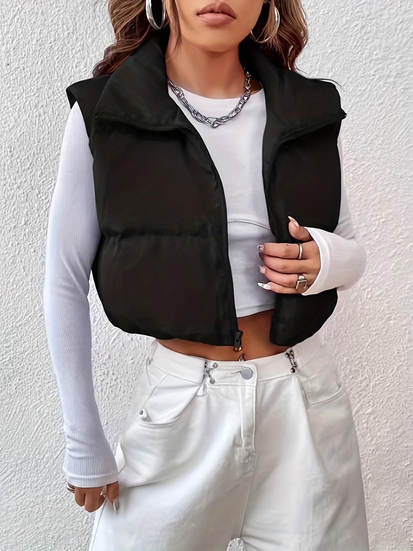 zip up cropped vest coat casual solid sleeveless stand collar outerwear womens clothing details 2