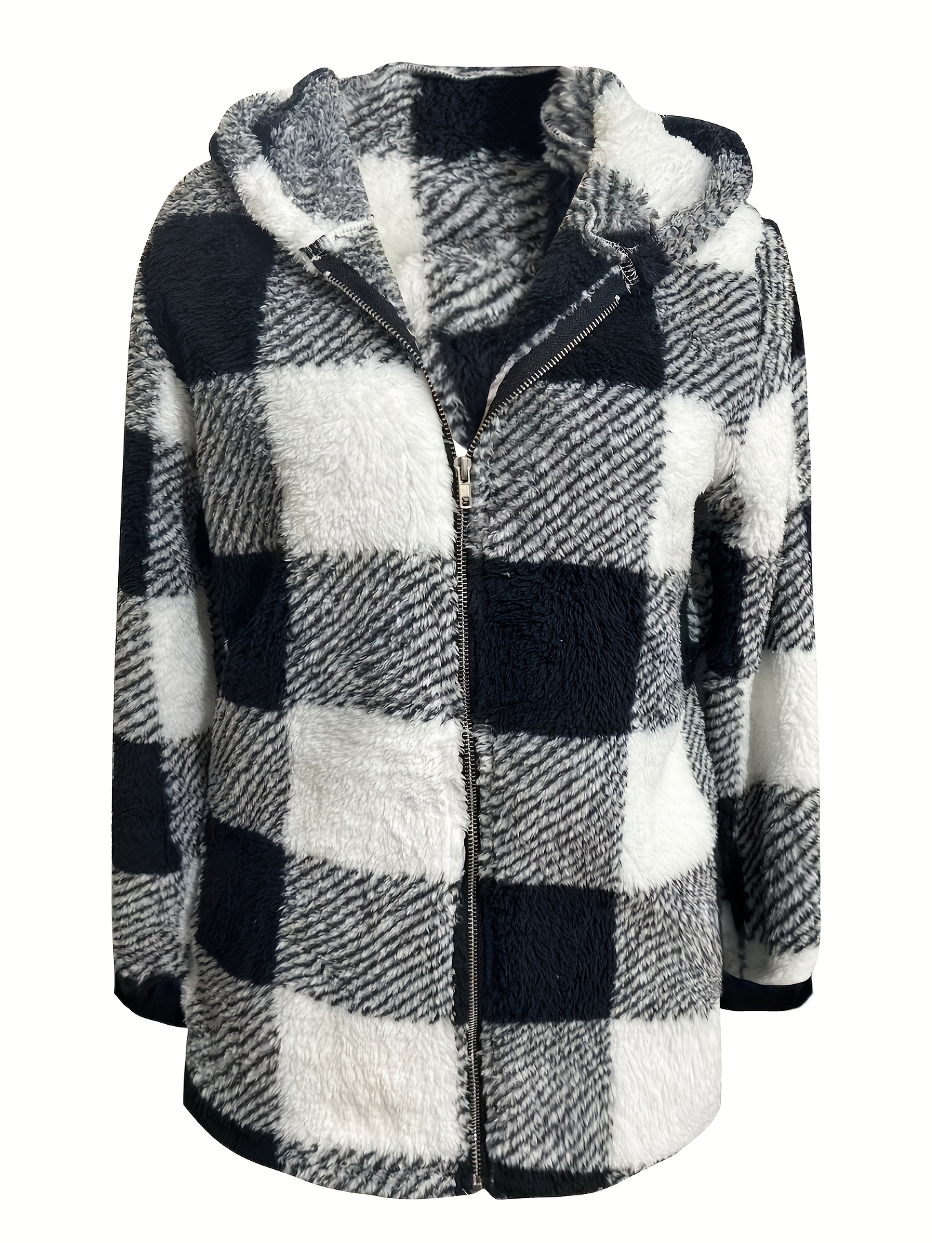 plaid print hooded jacket casual long sleeve warm zip up outerwear womens clothing details 12