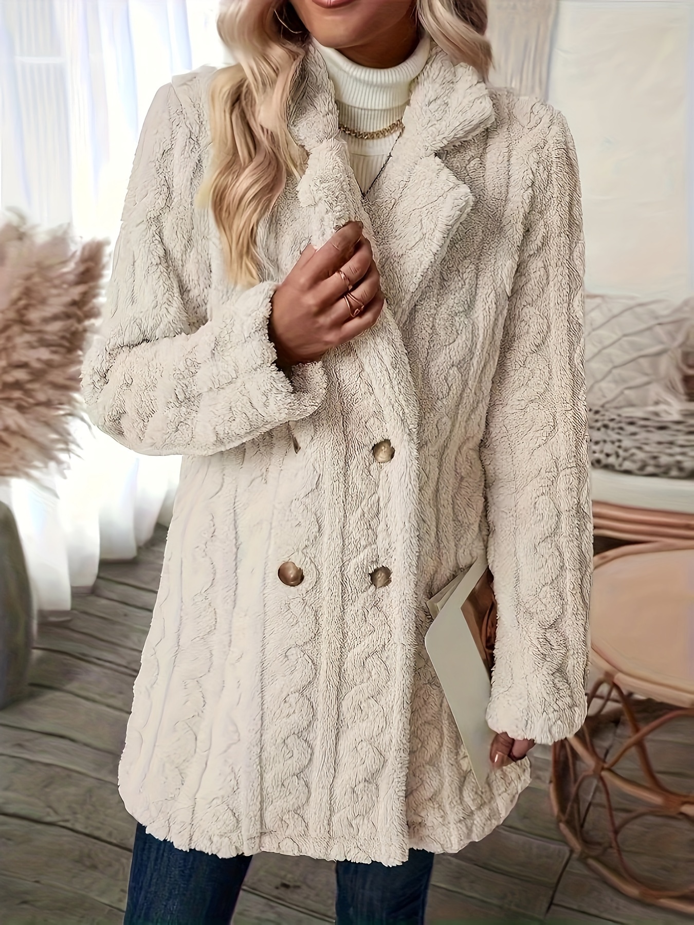 double breasted plush textured coat, double breasted plush textured coat thermal notched collar long sleeve teddy bear coat womens clothing details 4