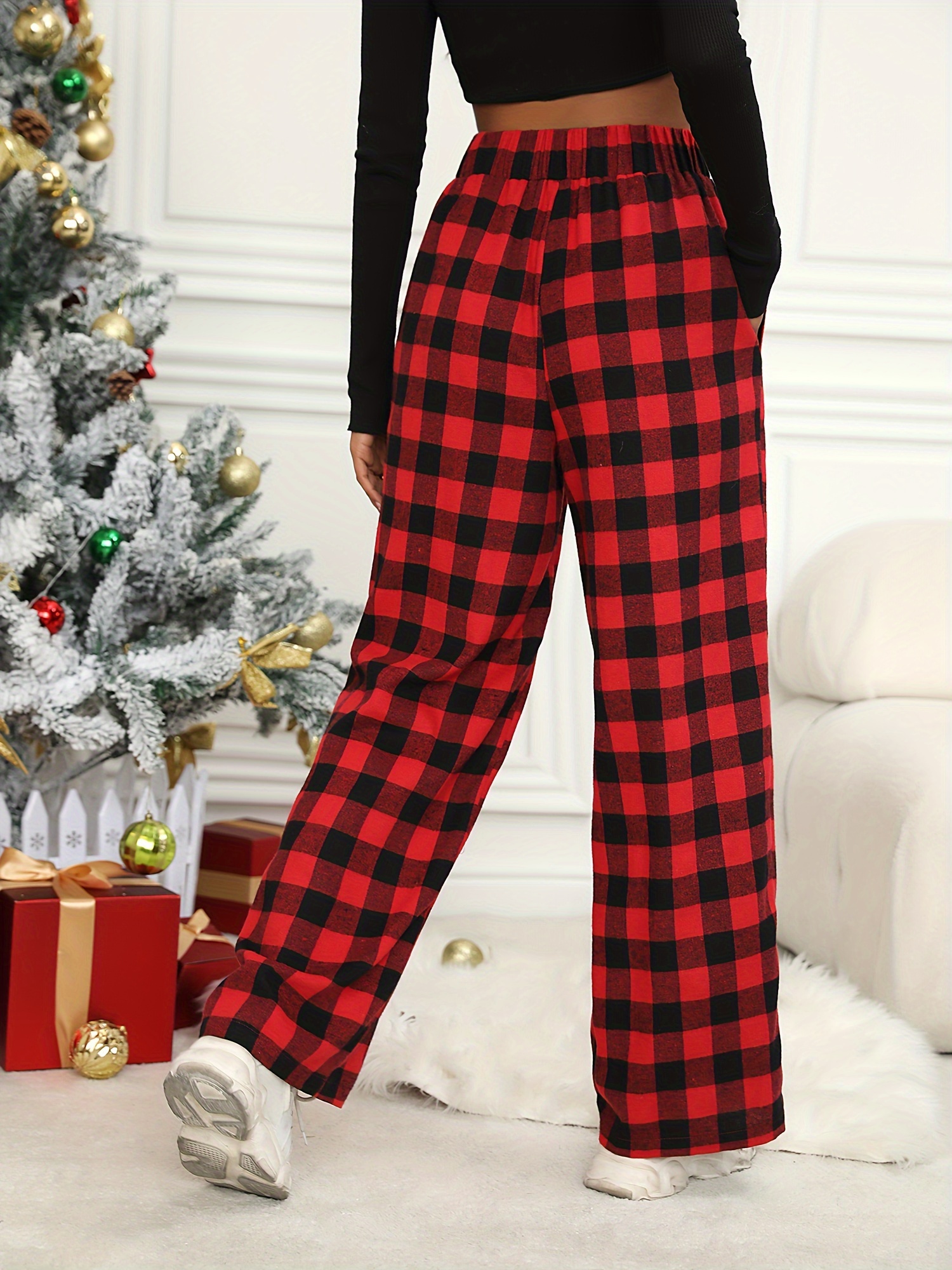 plaid print wide leg pants casual elastic waist slant pocket pants womens clothing details 0