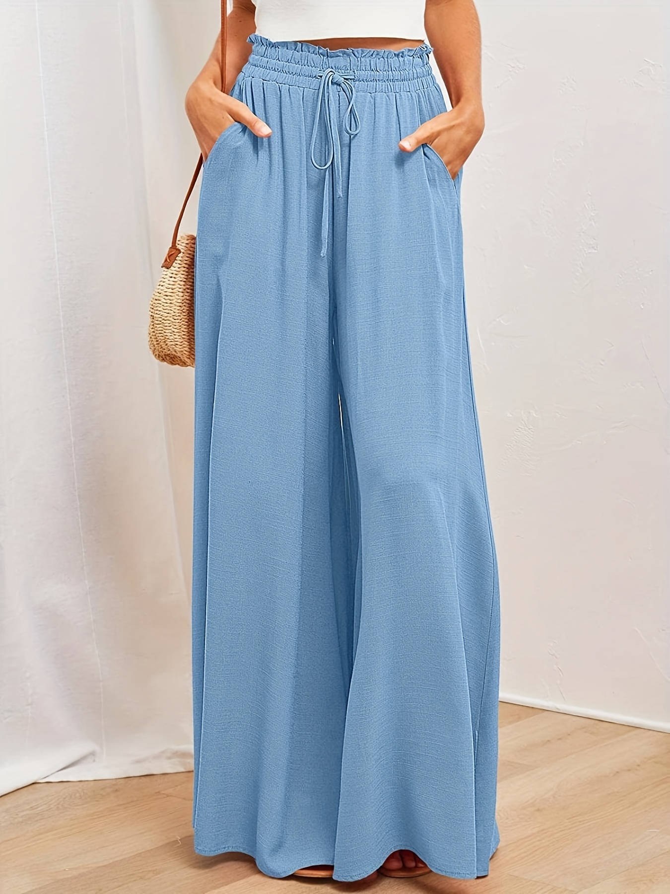 womens wide leg palazzo pants flowy ruffle solid pants womens clothing details 4