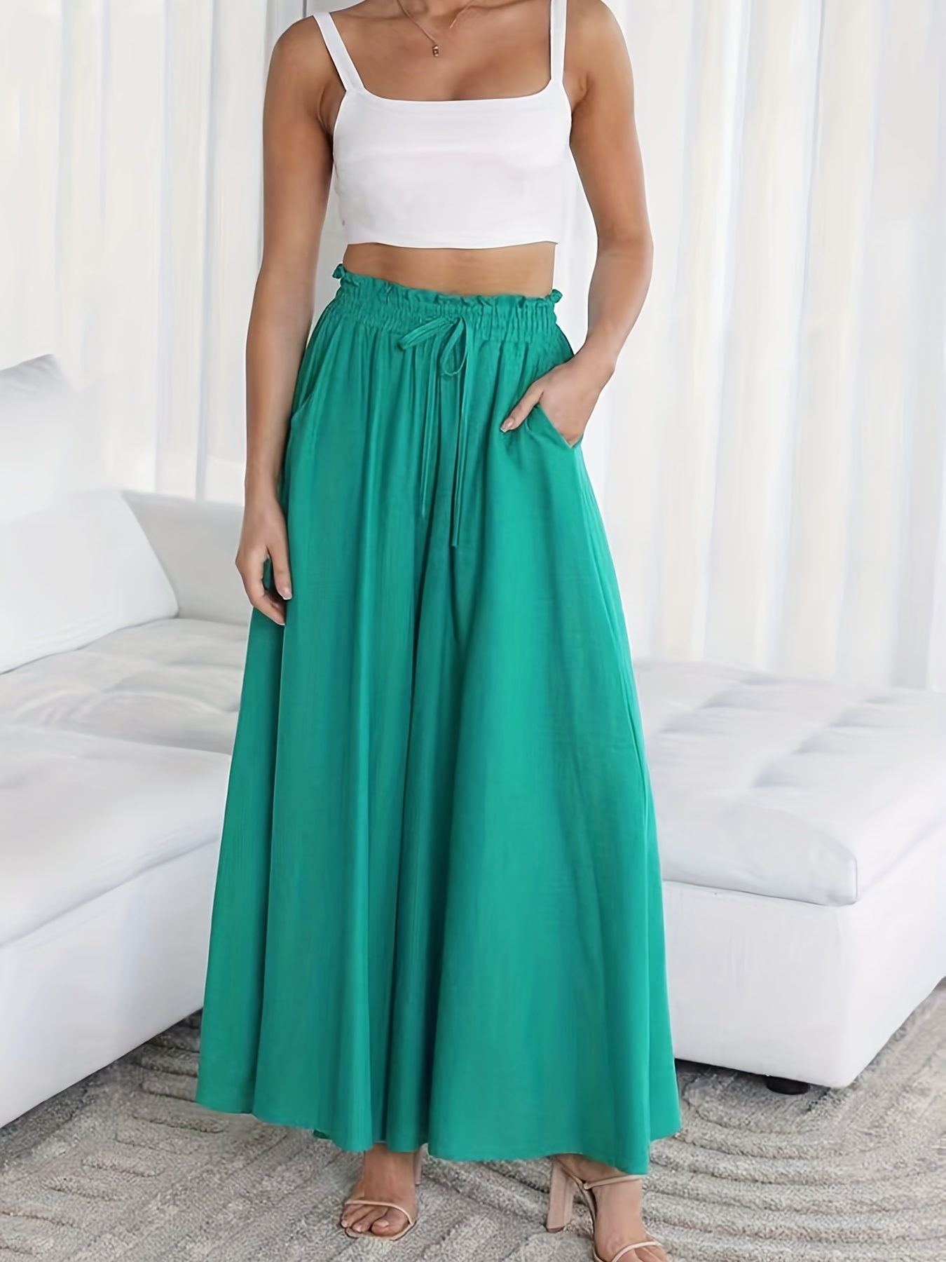 womens wide leg palazzo pants flowy ruffle solid pants womens clothing details 15