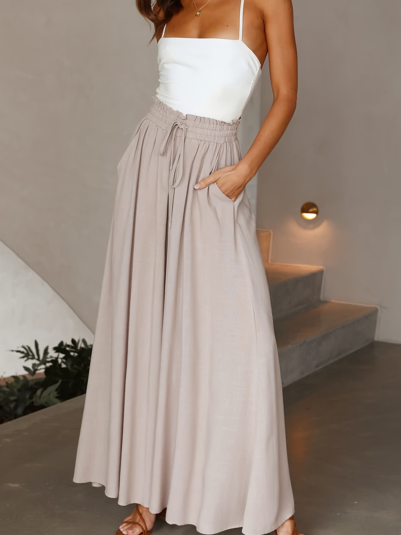 womens wide leg palazzo pants flowy ruffle solid pants womens clothing details 44