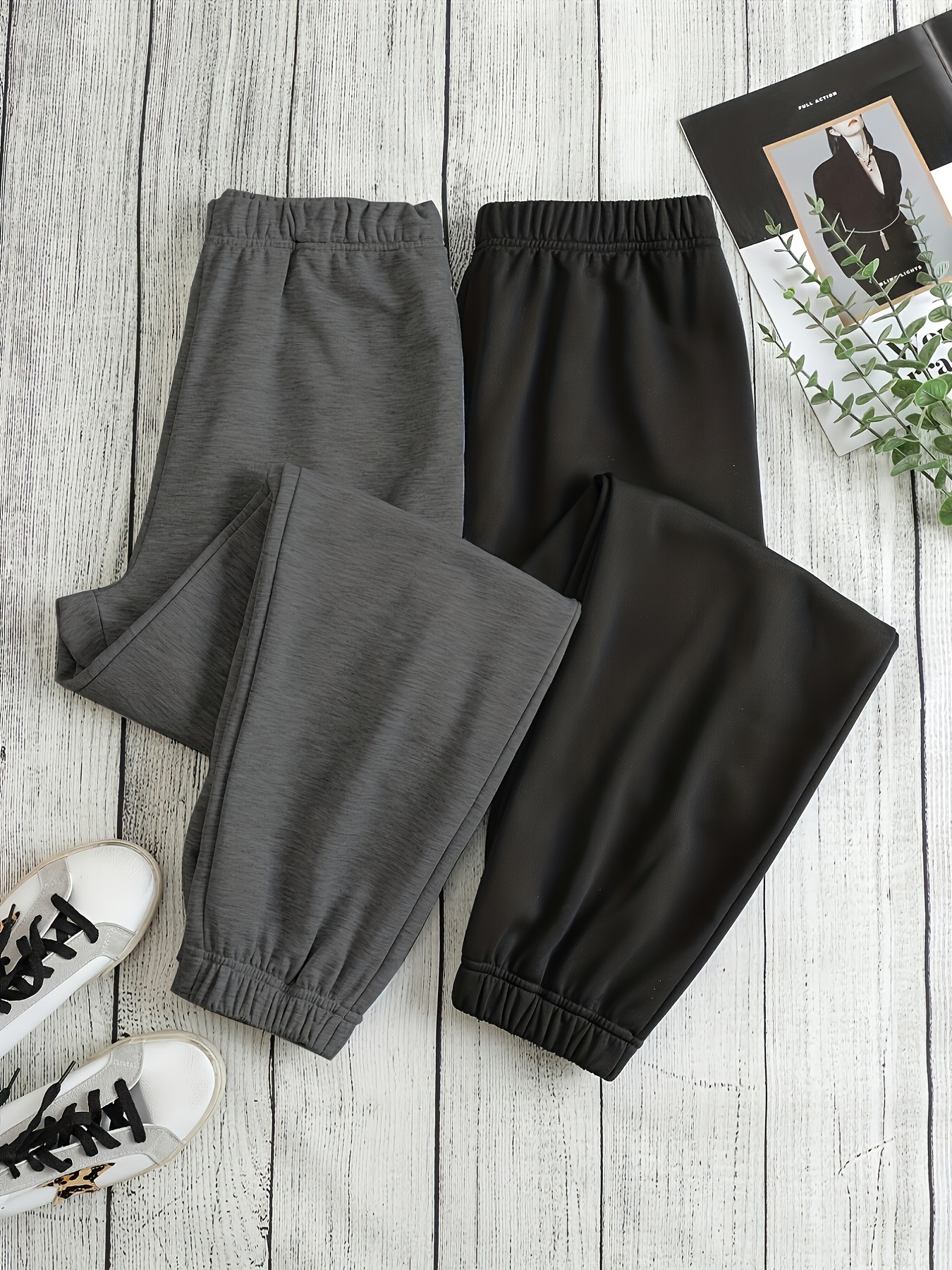 2 pack solid high waist pants casual elastic waist sweatpants for spring fall womens clothing details 3