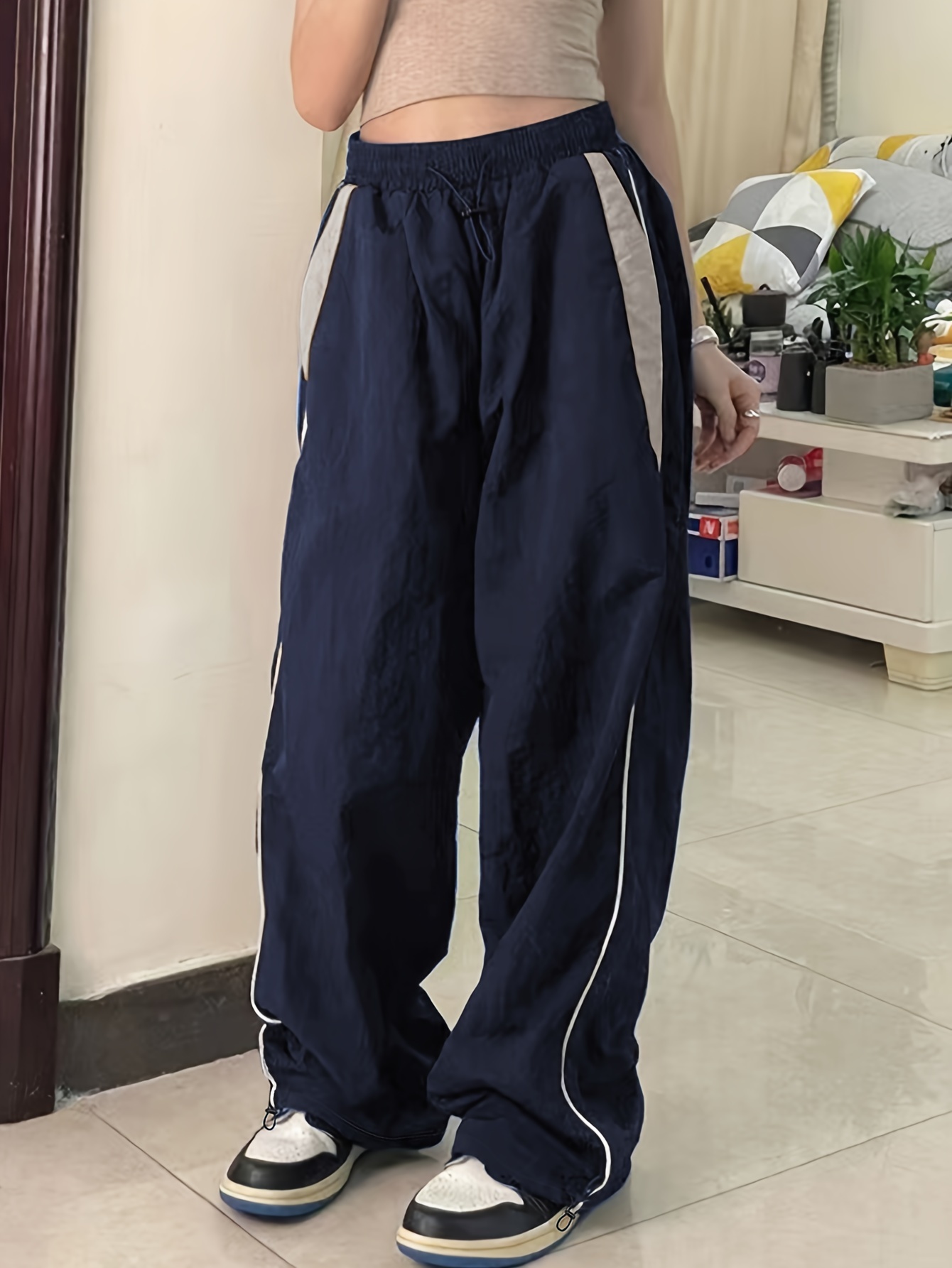 color block cargo pants y2k drawstring elastic waist wide leg pants womens clothing details 7