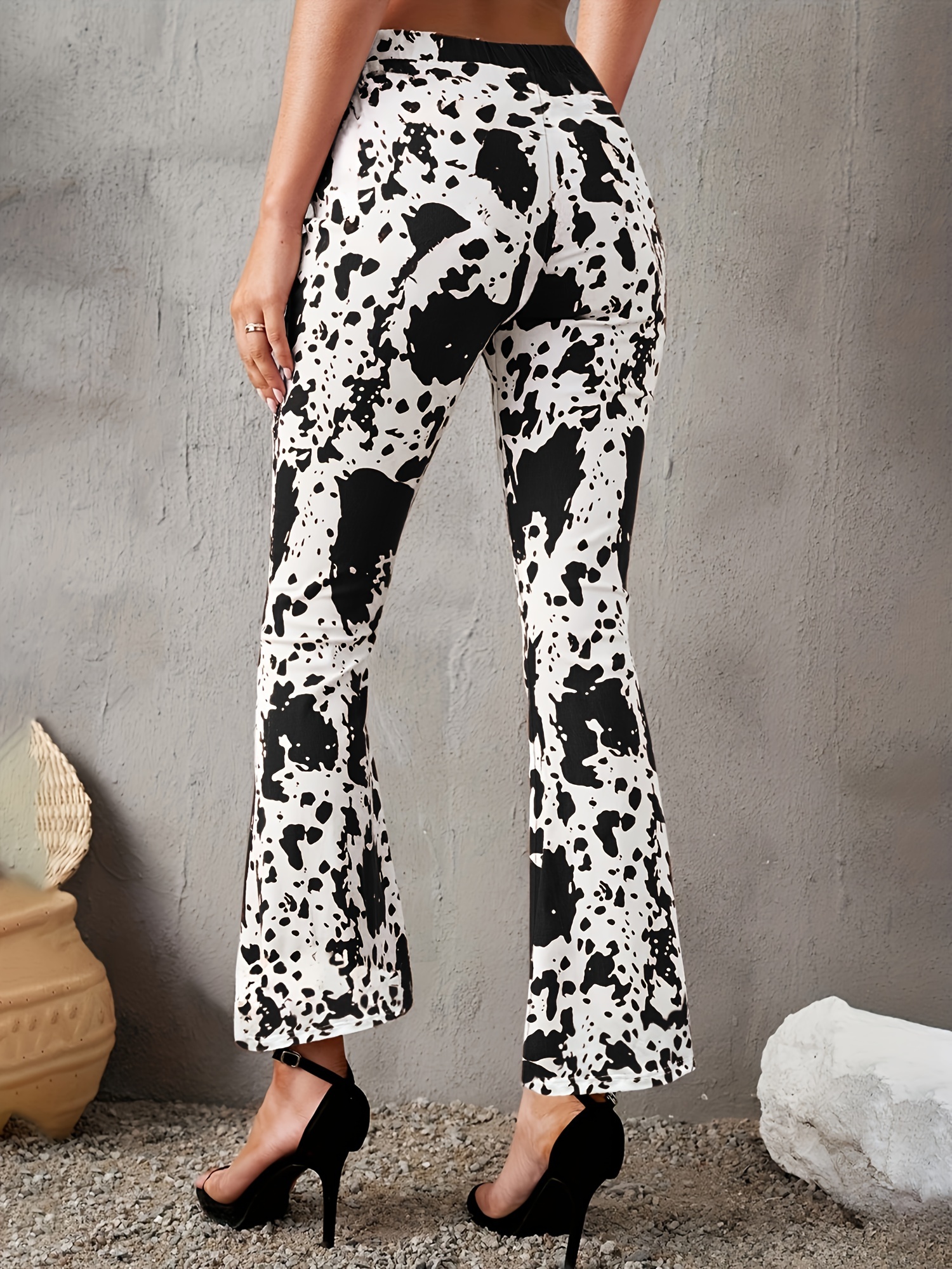 cow print flare leg ankle pants elegant elastic waist slim pants womens clothing details 6