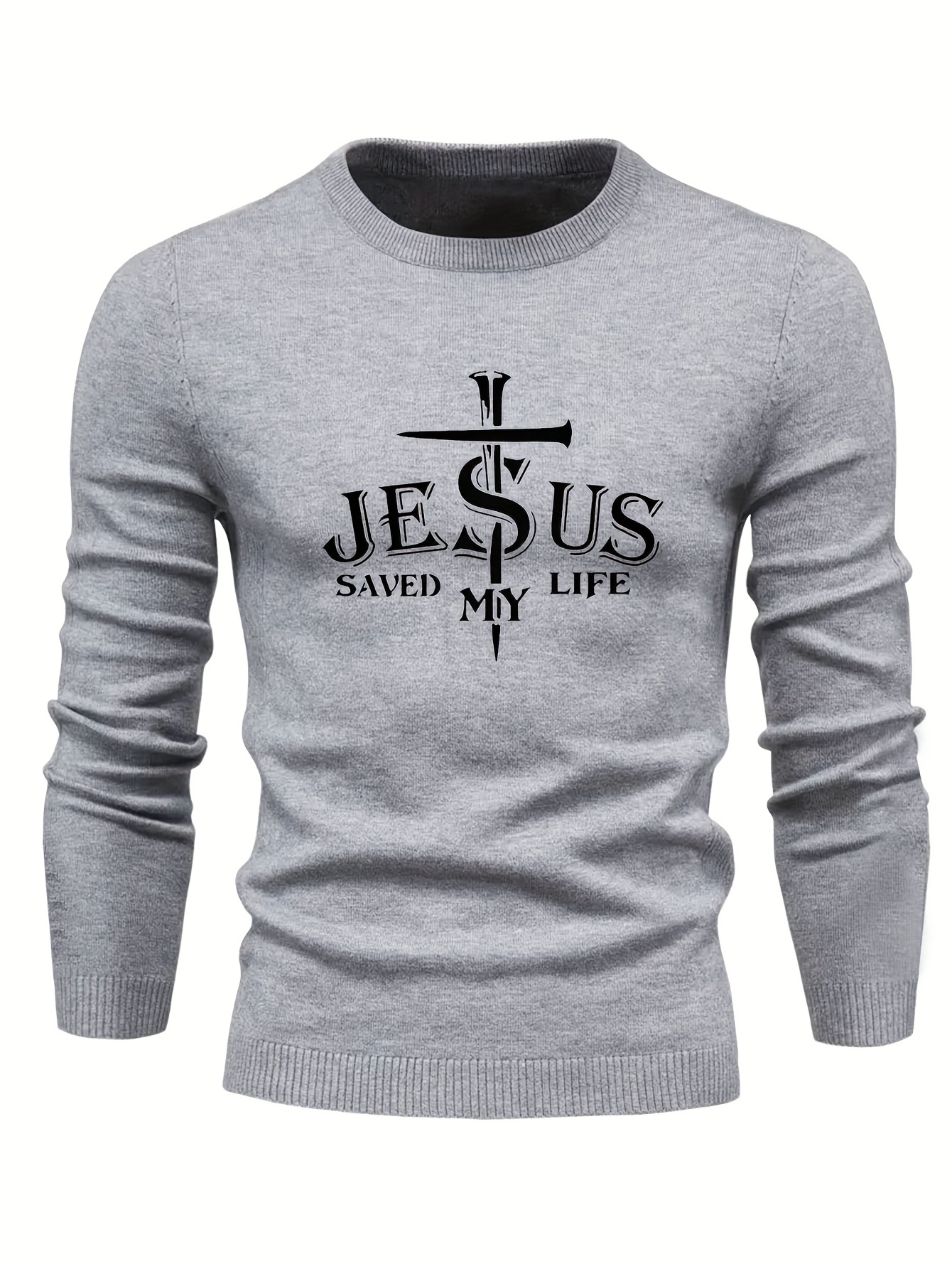 jesus saved my life print all match knitted sweater mens casual warm mid stretch crew neck pullover sweater for men fall winter details 0