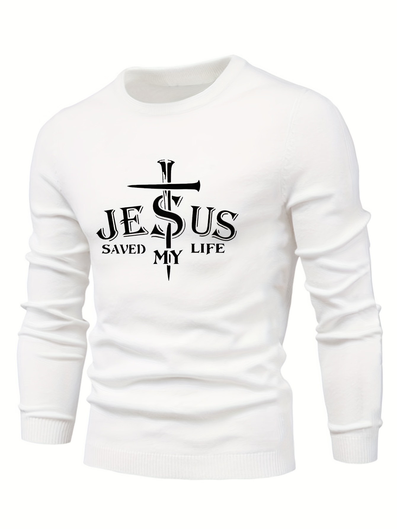 jesus saved my life print all match knitted sweater mens casual warm mid stretch crew neck pullover sweater for men fall winter details 7