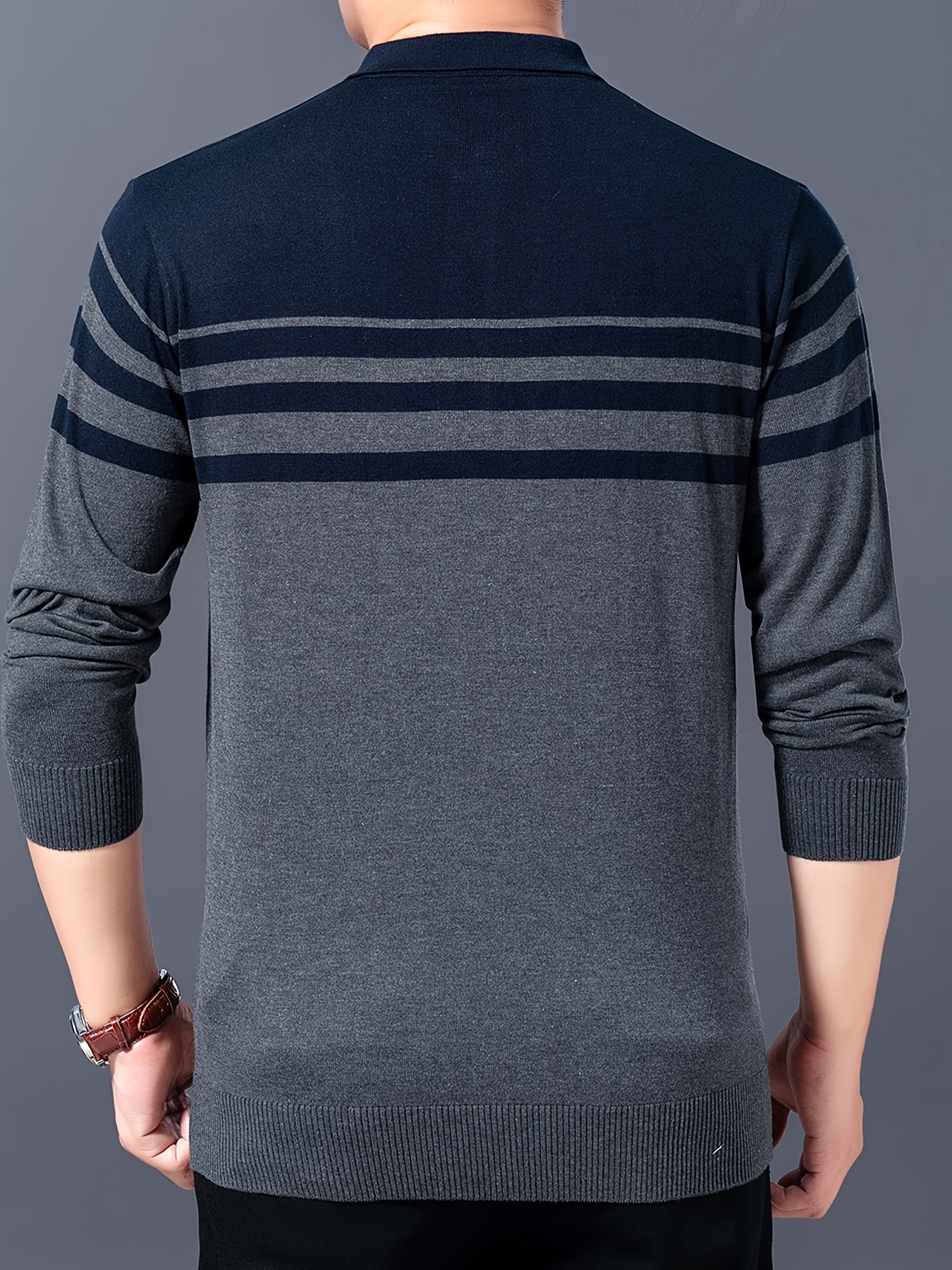 mens stylish striped sweater casual mid stretch breathable long sleeve shirt top for city walk street hanging details 2