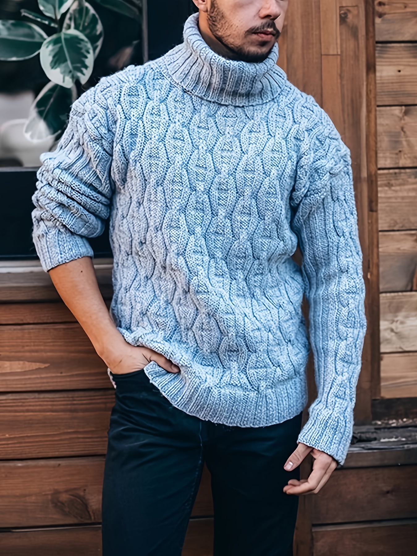 turtle neck knitted sweater mens casual warm solid mid stretch pullover sweater for fall winter details 0