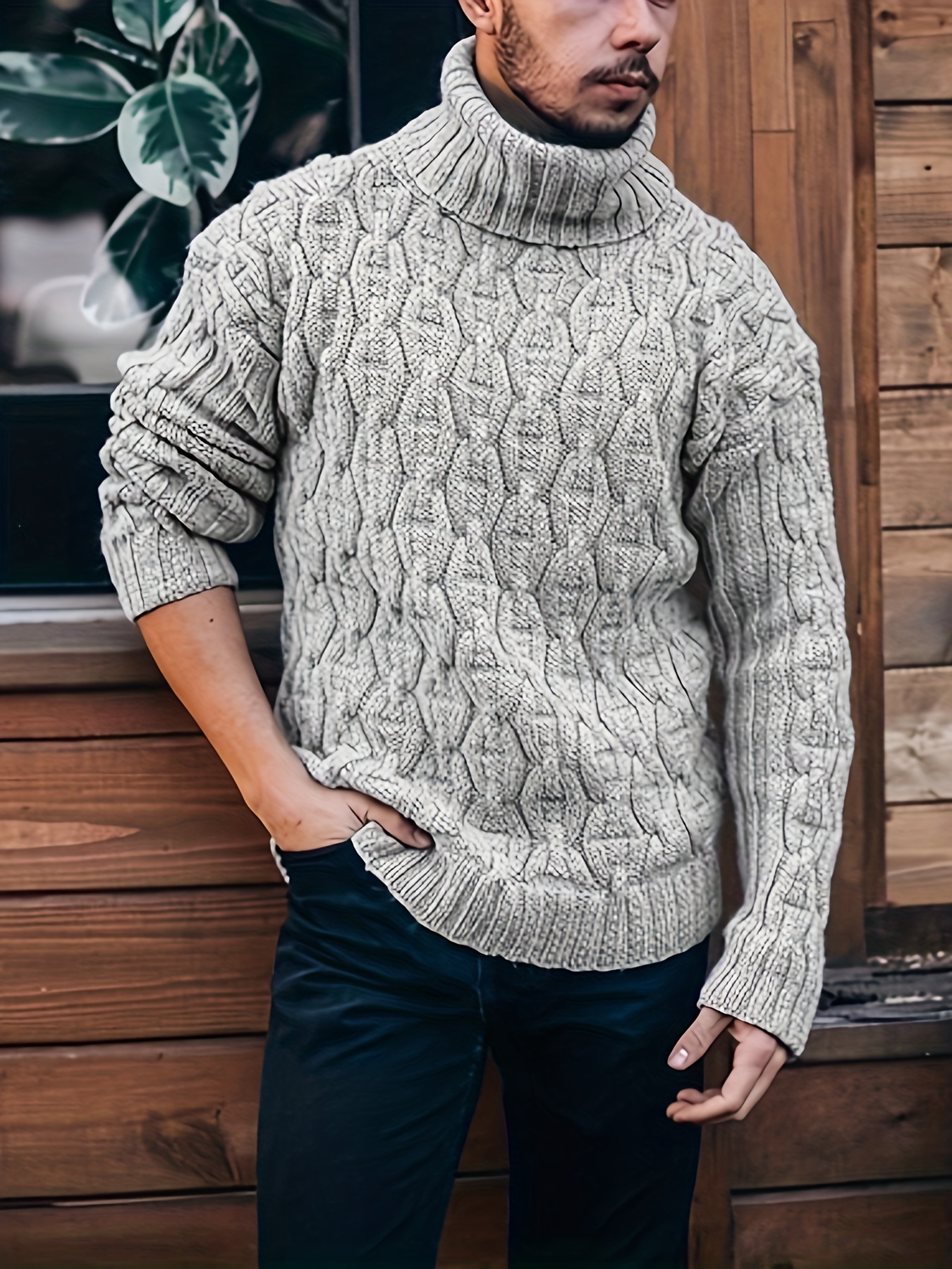 turtle neck knitted sweater mens casual warm solid mid stretch pullover sweater for fall winter details 9