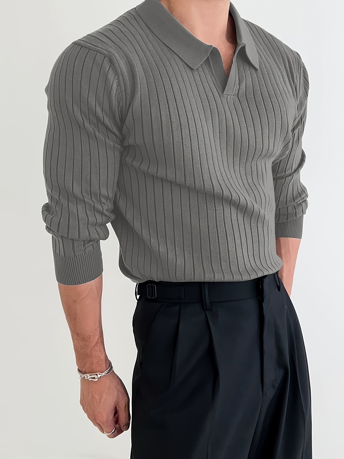 solid chic knit shirt mens casual lapel slightly stretch v neck pullover sweater for autumn winter details 18