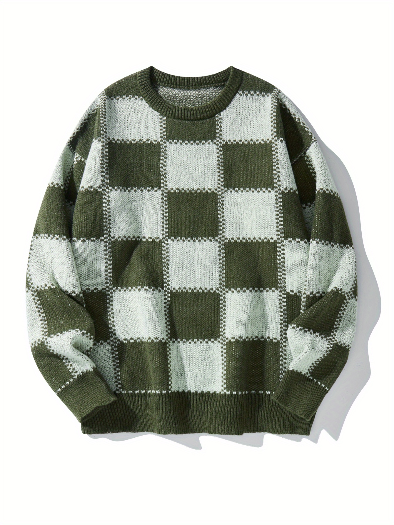 mens checkerboard knitted sweater warm and stretchy casual pullover for fall and winter details 0