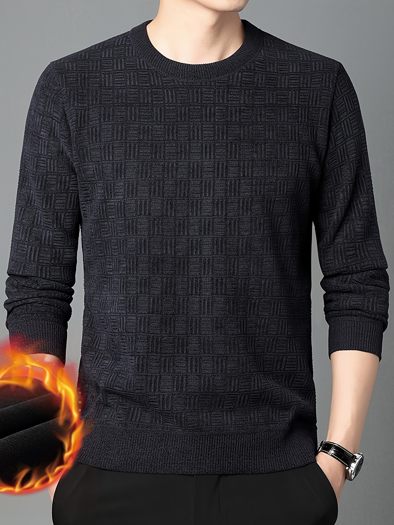 thermal knitted cable jacquard sweater mens casual warm slightly stretch crew neck pullover sweater for men fall winter details 13