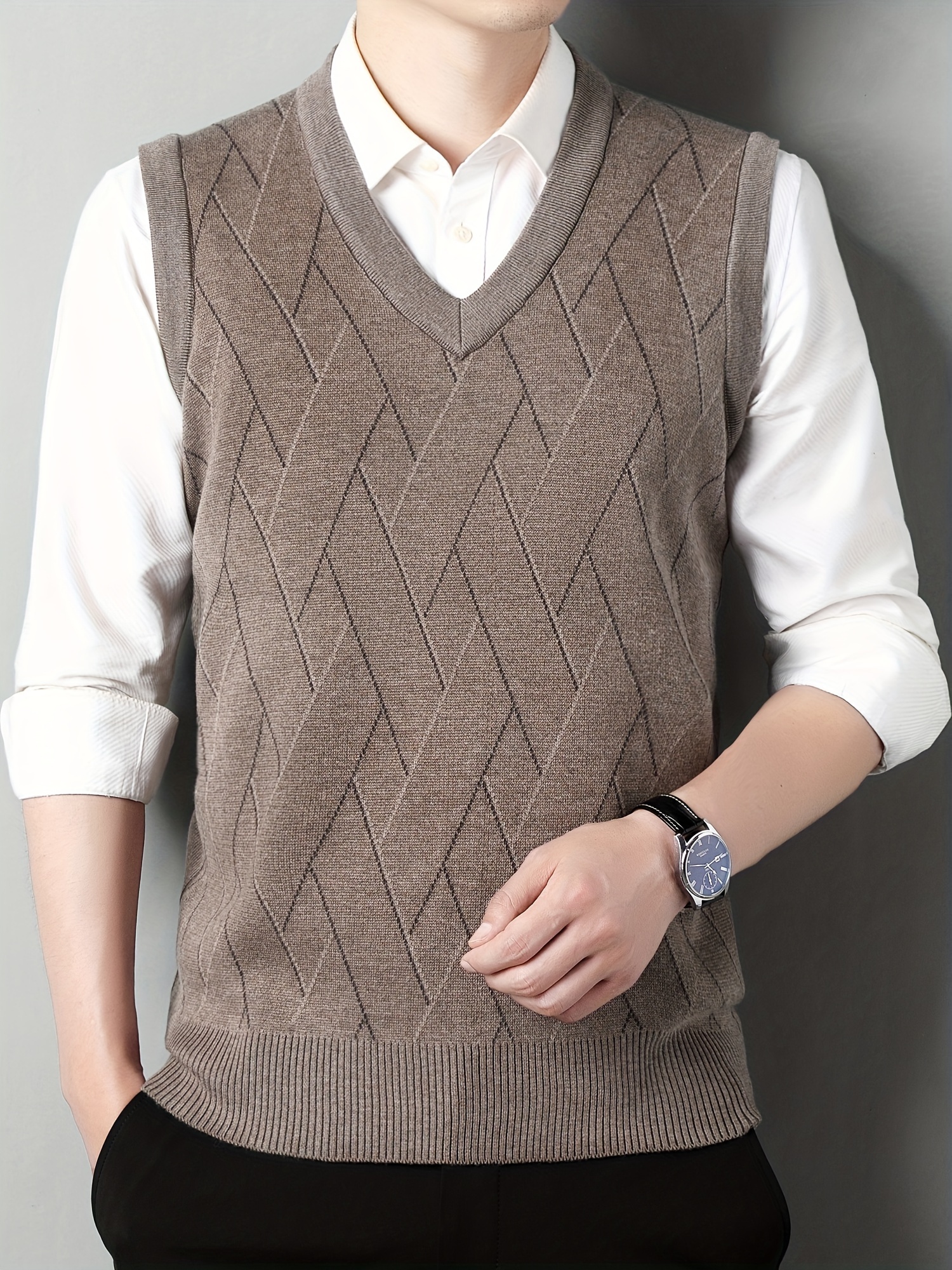 mens v neck cable casual sleeveless knitted sweater vest mens clothing for autumn winter details 12