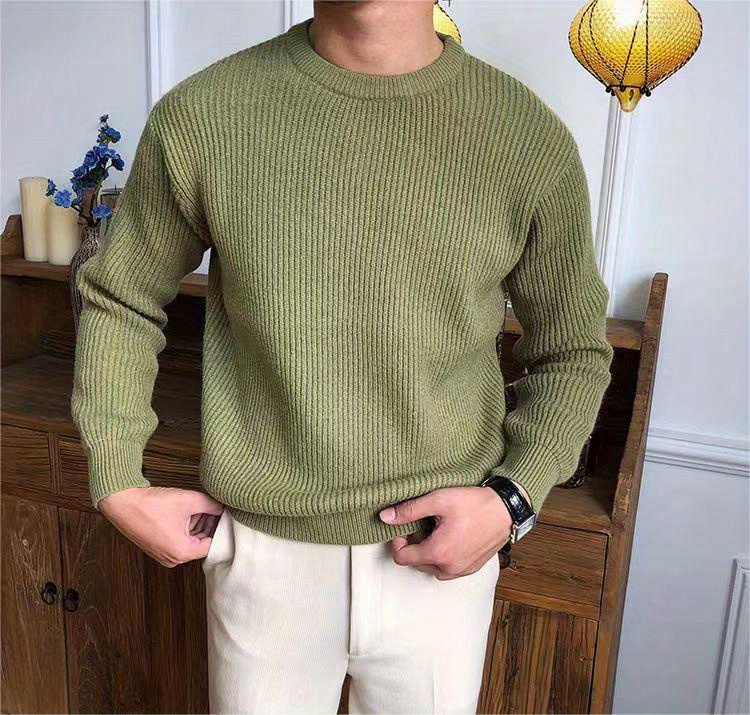 warm texture knitted sweater mens casual solid color slightly stretch round neck pullover sweater for fall winter details 2