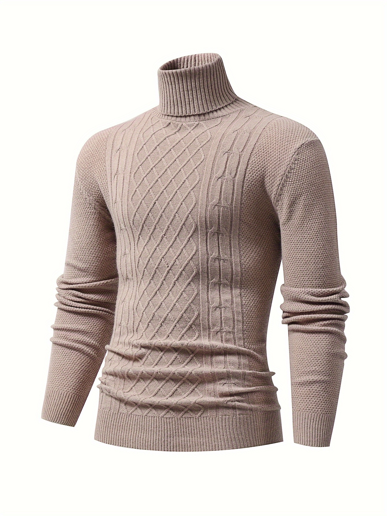 turtle neck knitted cable sweater mens casual warm solid high stretch pullover sweater for fall winter details 5