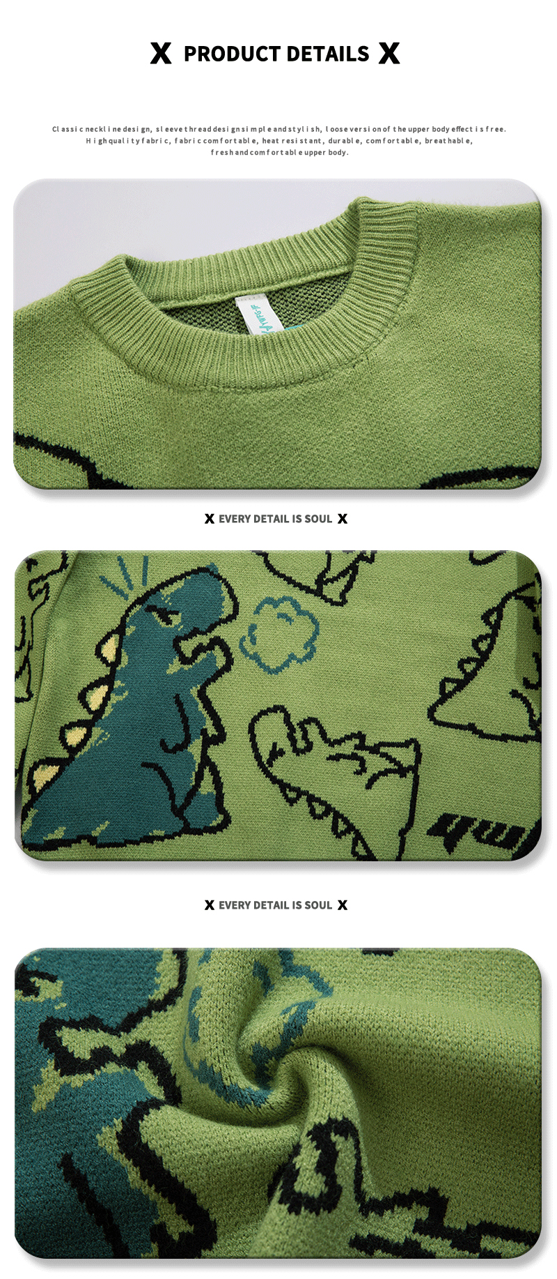 cartoon dinosaur pattern knitted sweater mens casual warm slightly stretch crew neck pullover sweater for men fall winter details 2