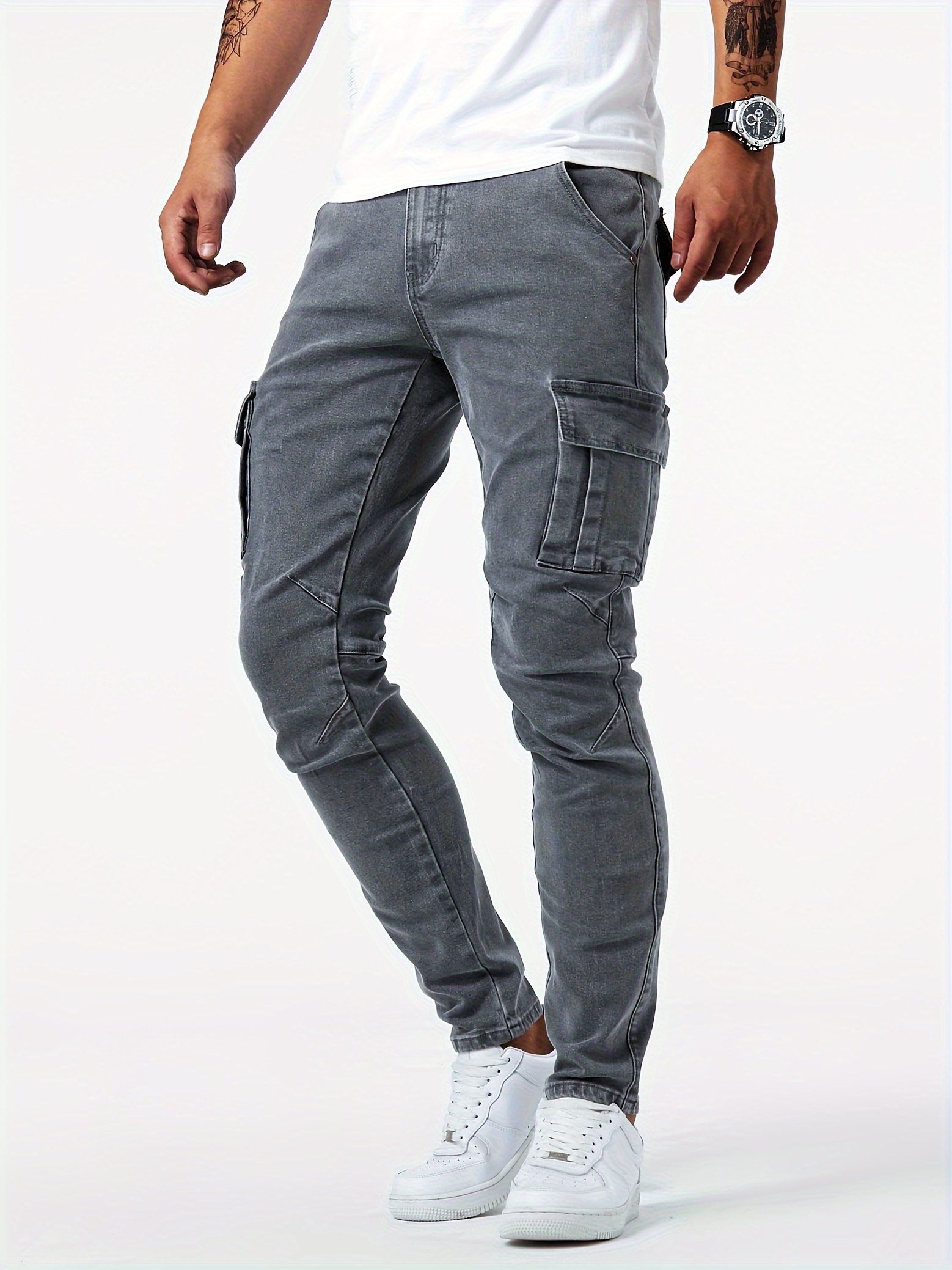 mens casual multi pocket jeans street style medium stretch denim pants details 8