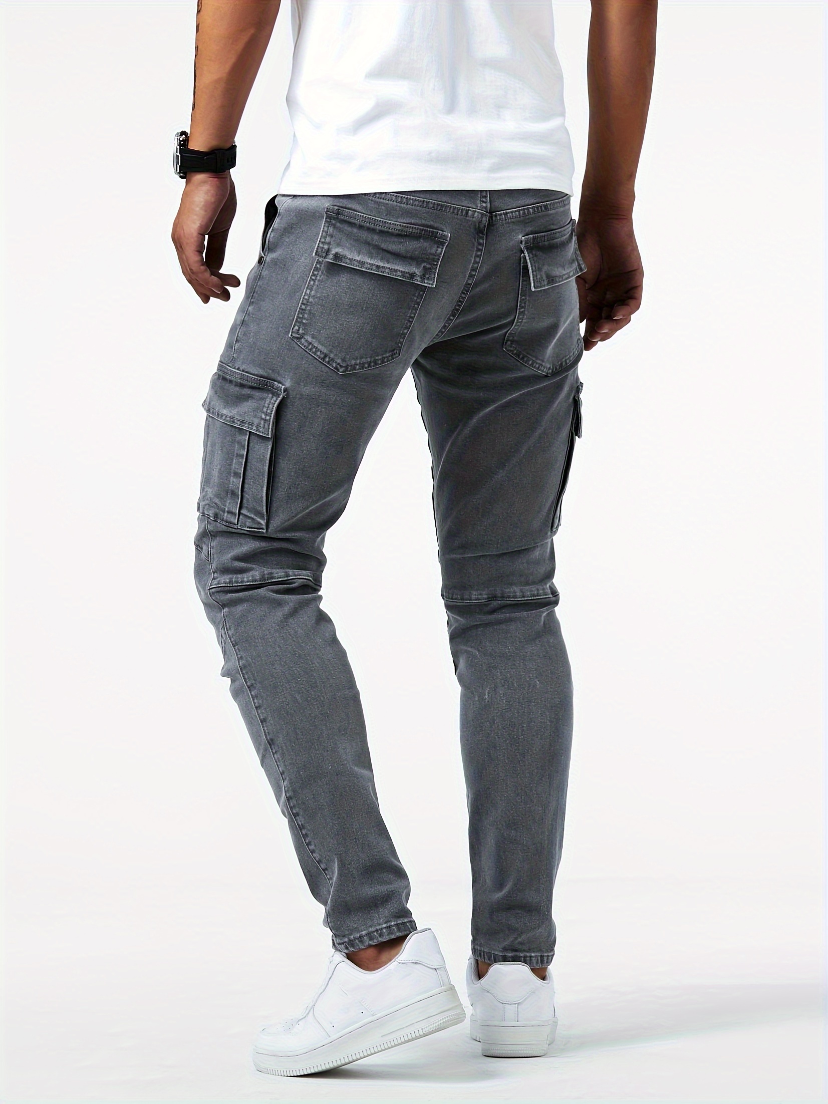 slim fit cargo jeans mens casual street style multi pocket high stretch denim pants for spring summer details 5