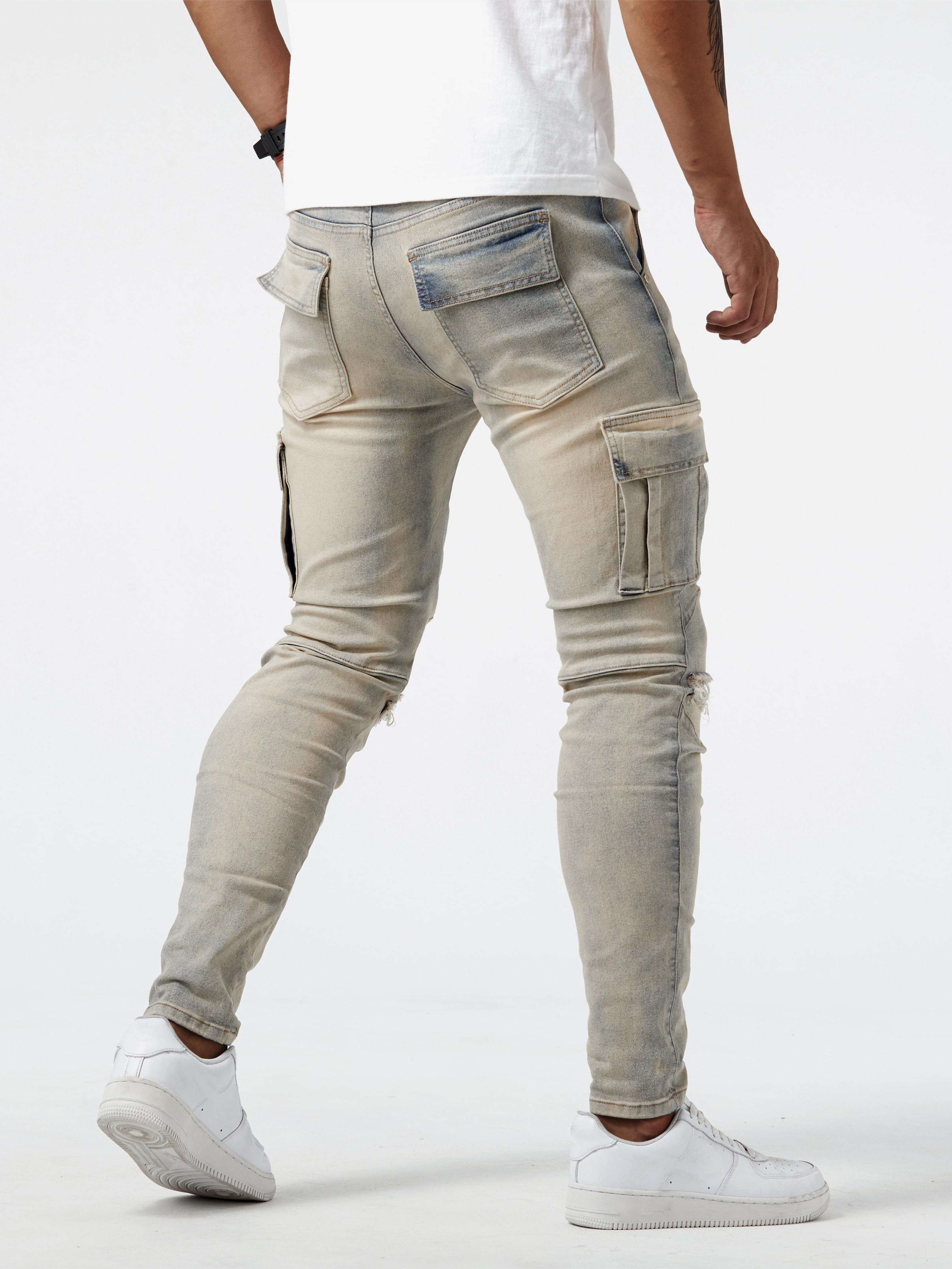 slim fit cargo jeans mens casual street style multi pocket high stretch denim pants for spring summer details 12