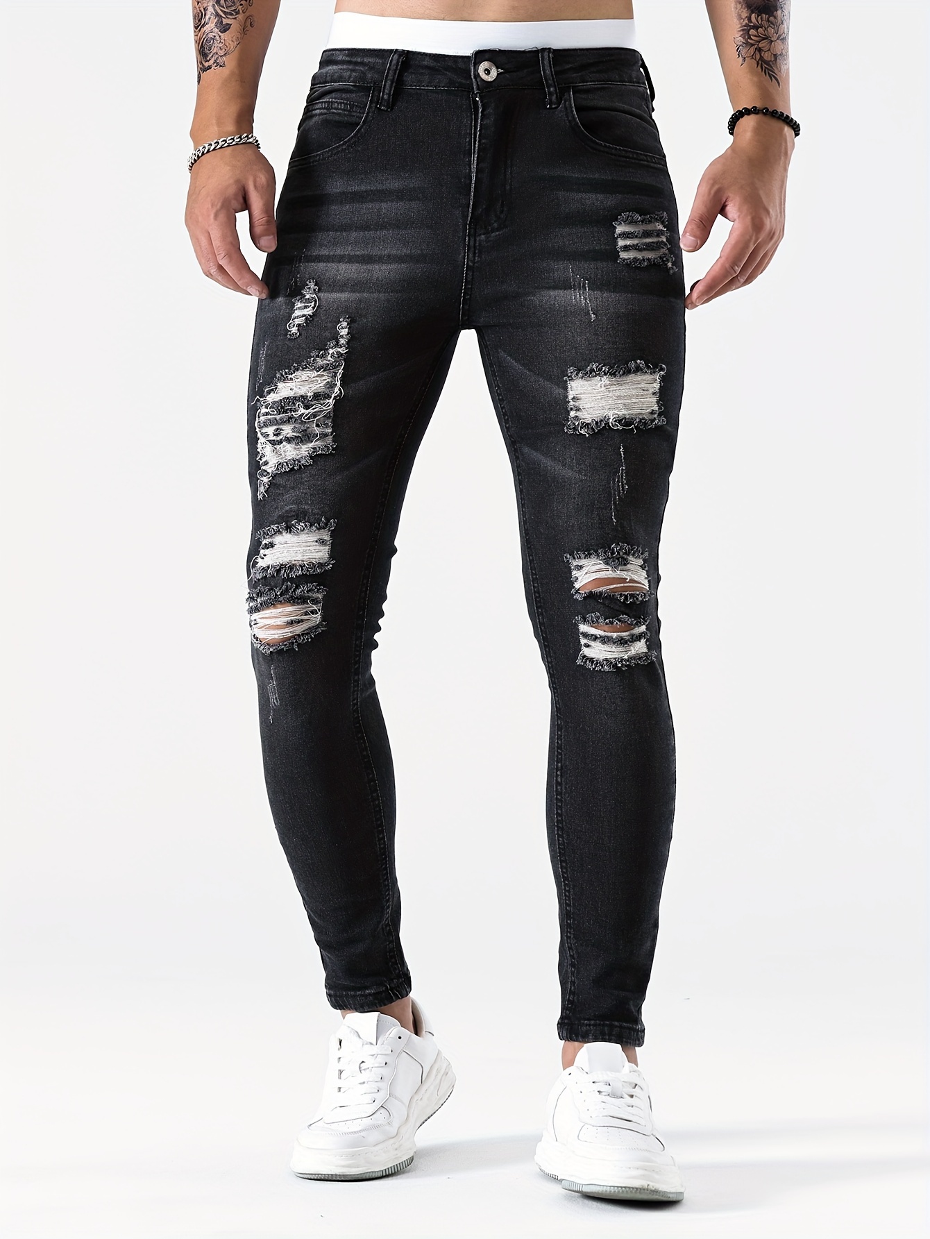 slim fit ripped jeans mens casual street style distressed medium stretch denim pants details 15