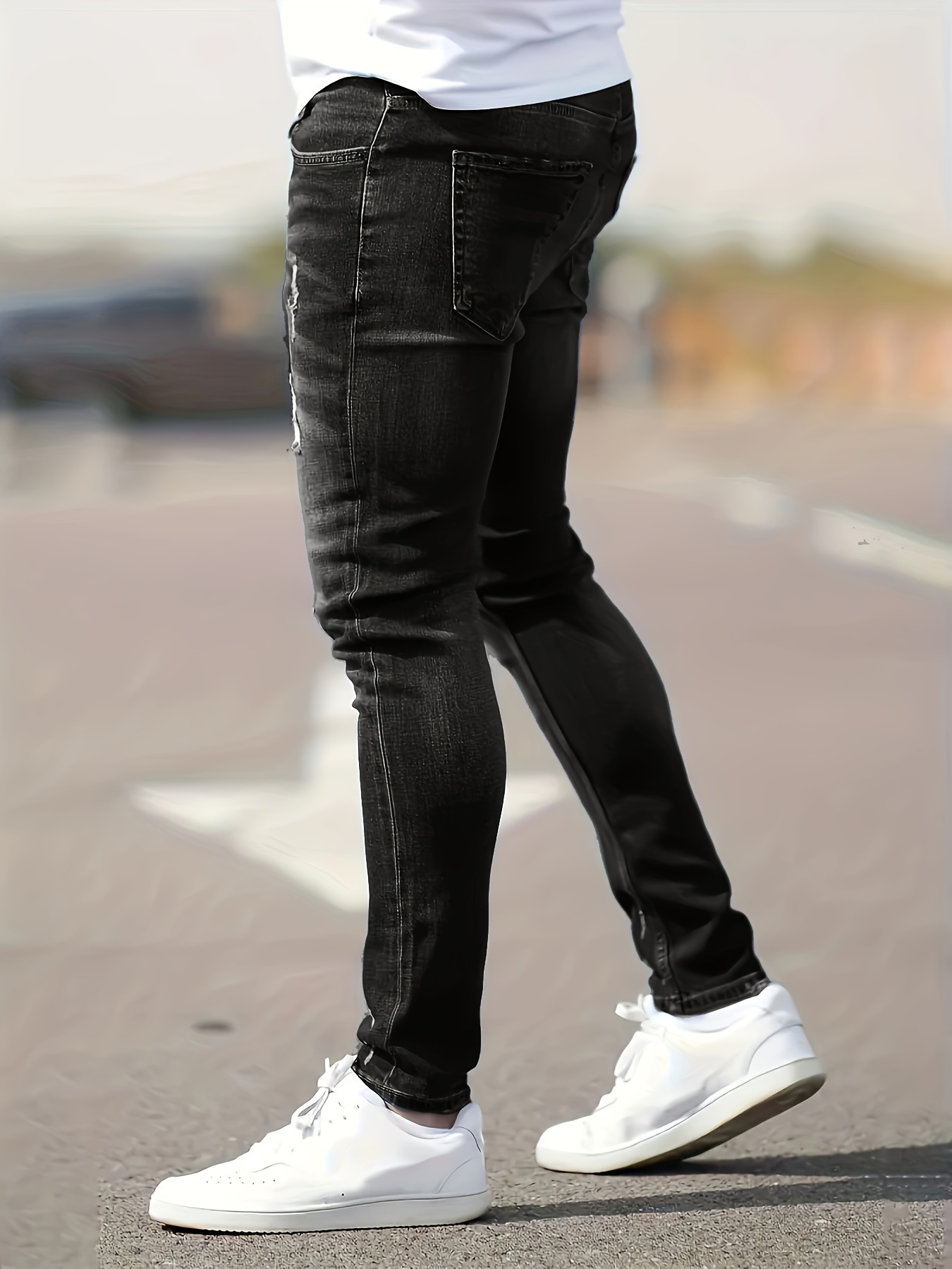 chic skinny ripped jeans, chic skinny ripped jeans mens casual street style medium stretch jeans details 1