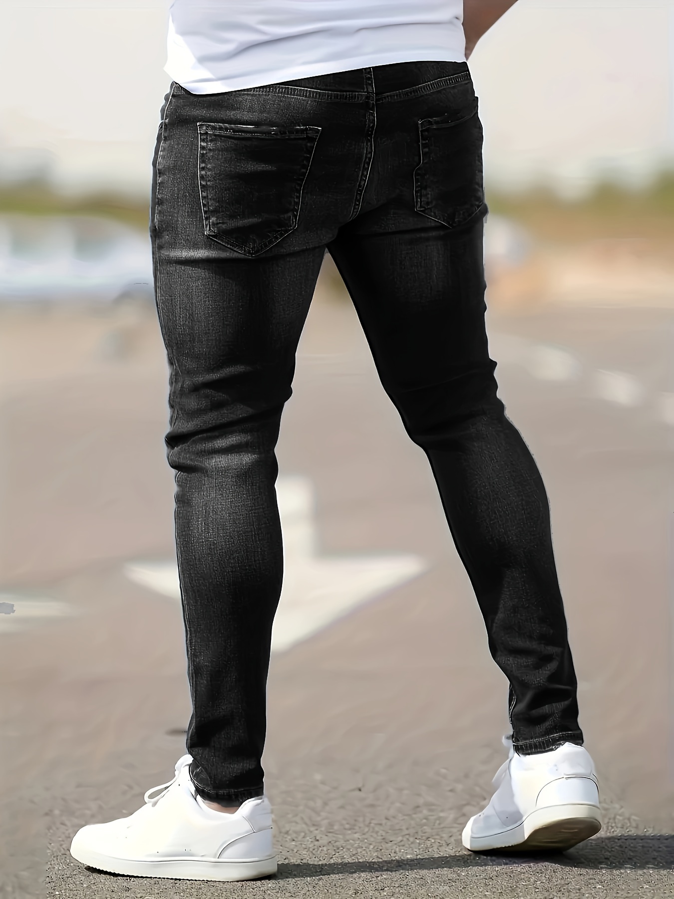 chic skinny ripped jeans, chic skinny ripped jeans mens casual street style medium stretch jeans details 2