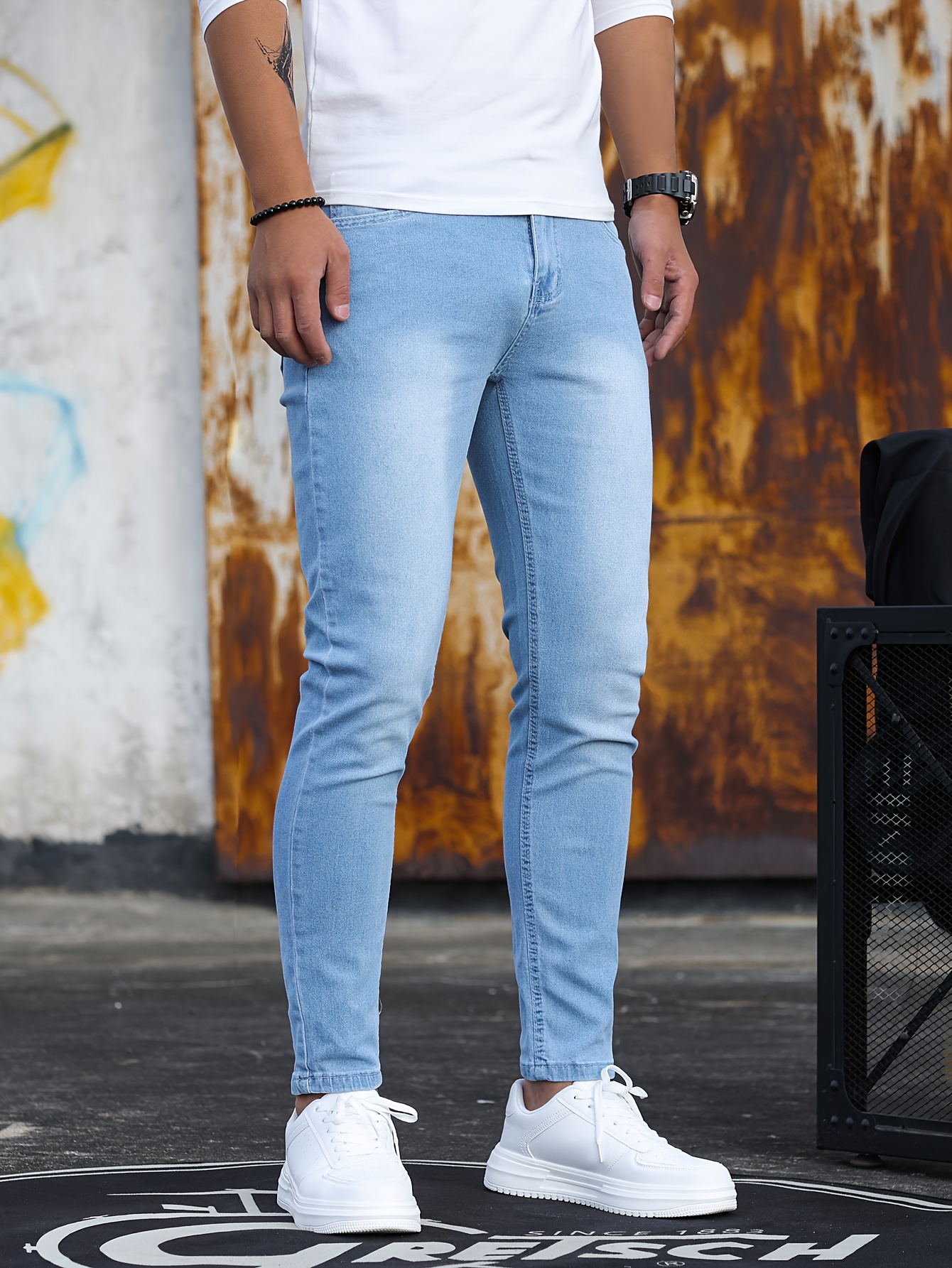 mens casual skinny jeans chic street style medium stretch denim pants details 0