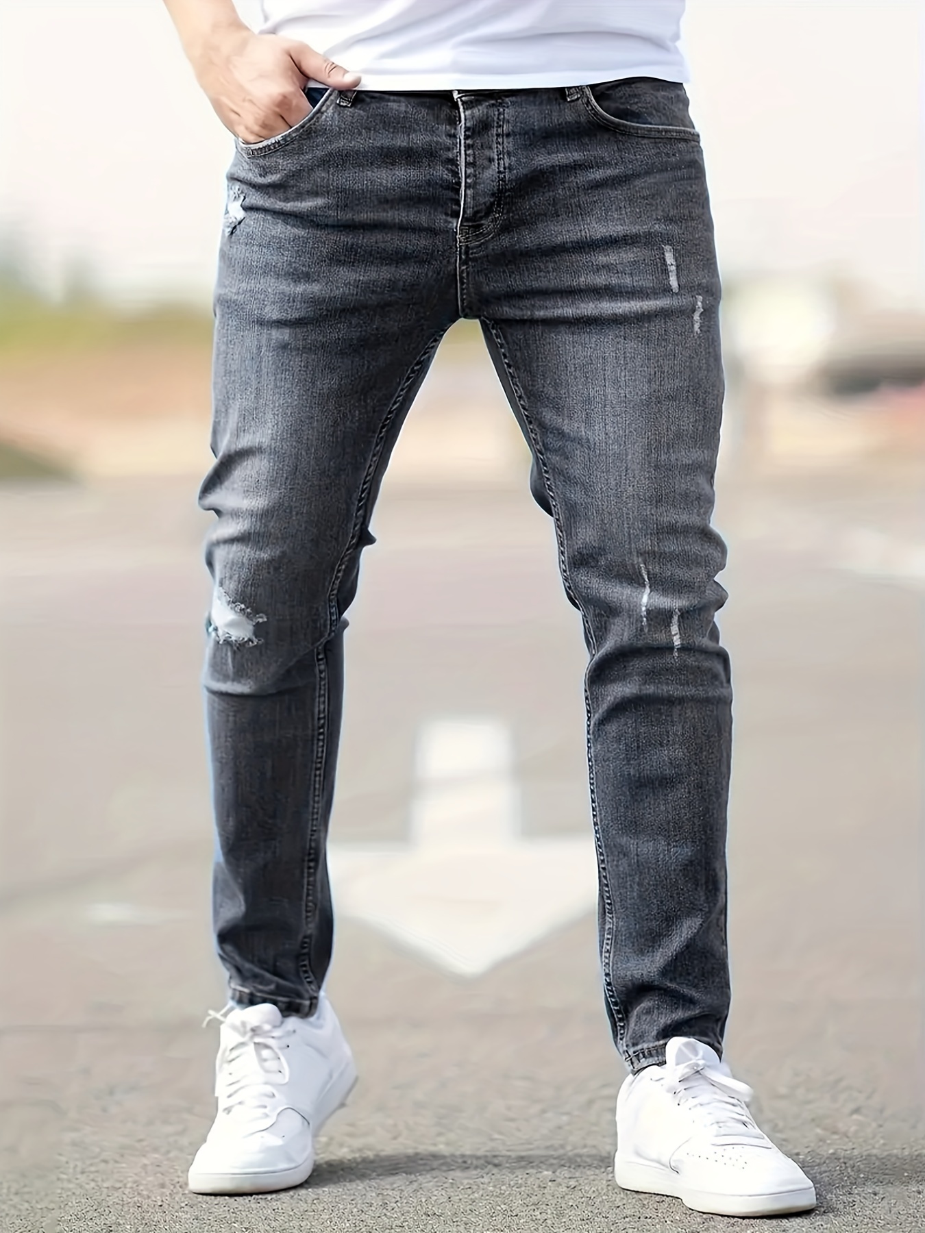 ripped design cotton slim fit jeans mens casual street style leg mid stretch denim pants for spring summer details 5