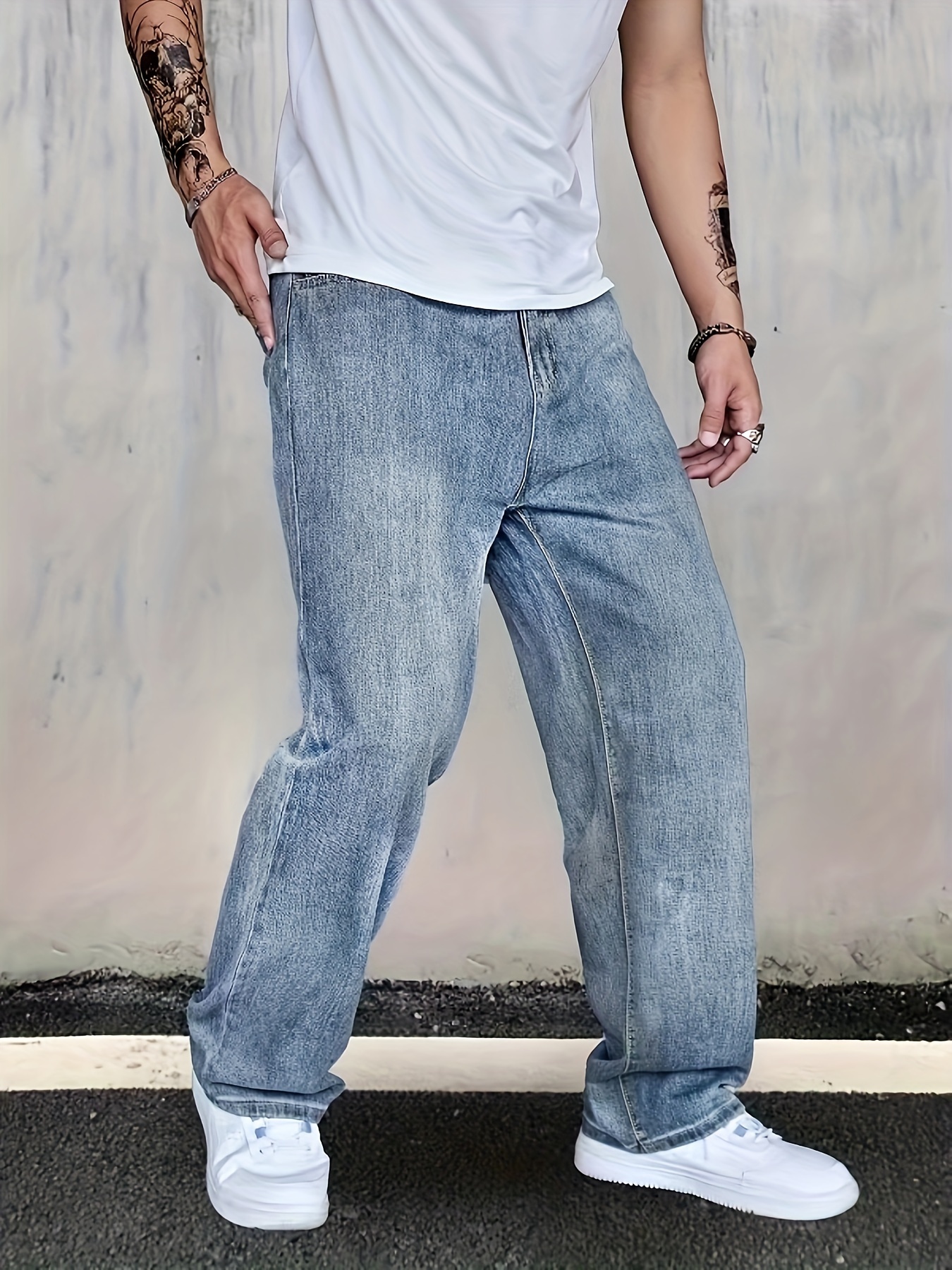 classic design jeans mens casual street style distressed denim pants details 4