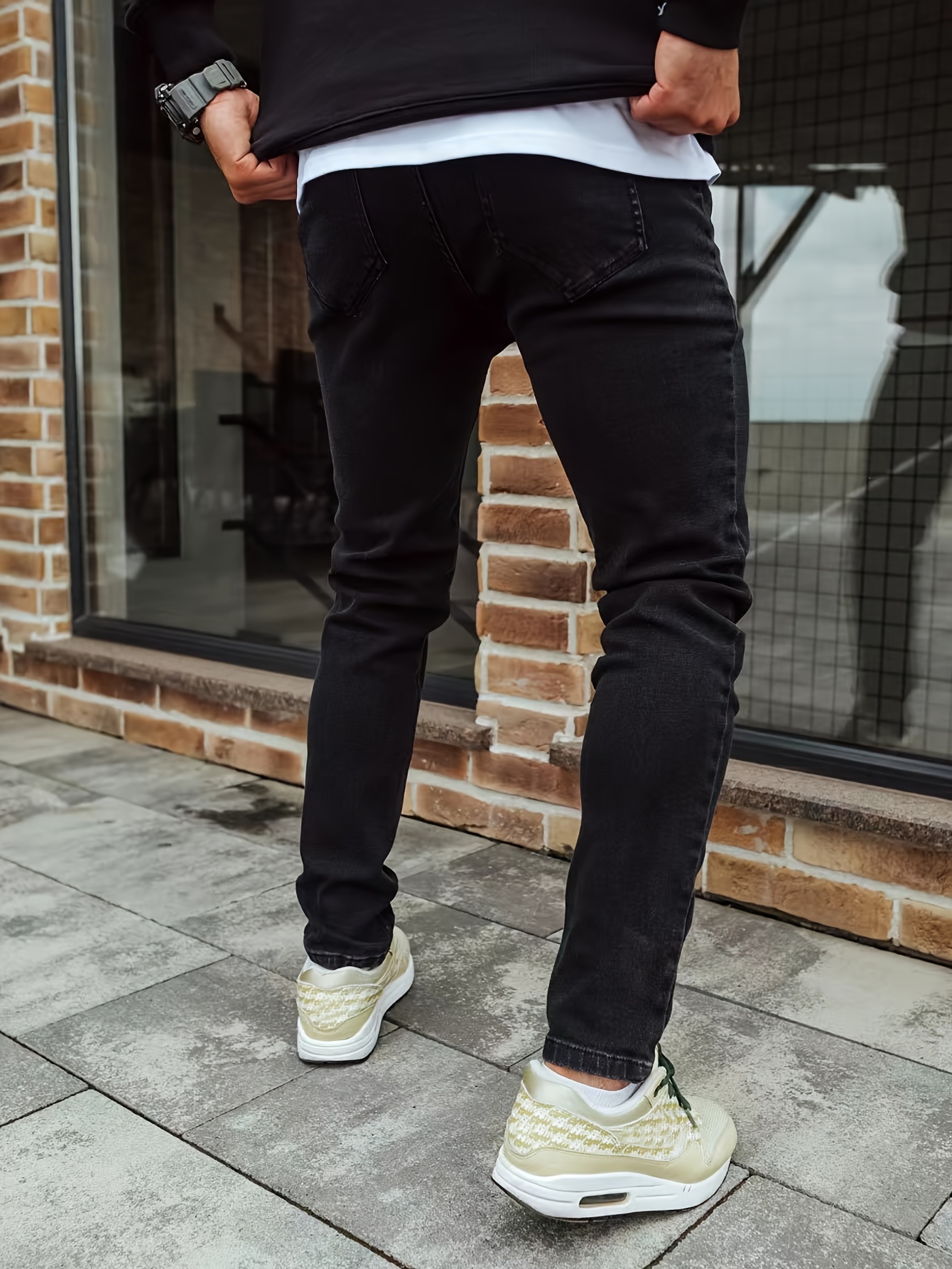 slim fit straight leg cotton jeans, slim fit straight leg cotton jeans mens casual street style solid color slightly stretch denim pants for spring summer details 9