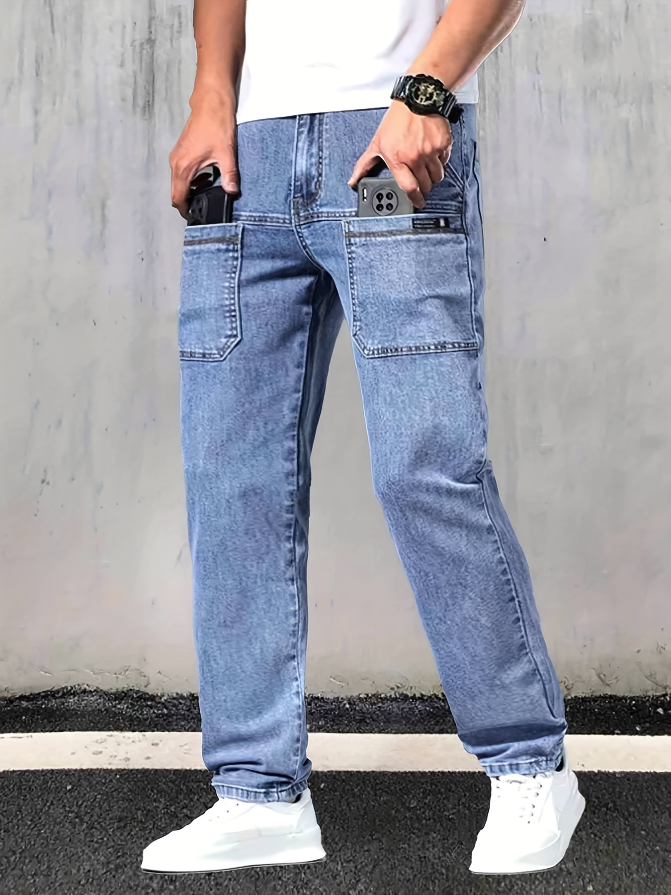 loose fit straight leg jeans mens casual street style multi pocket denim pants for all seasons details 0