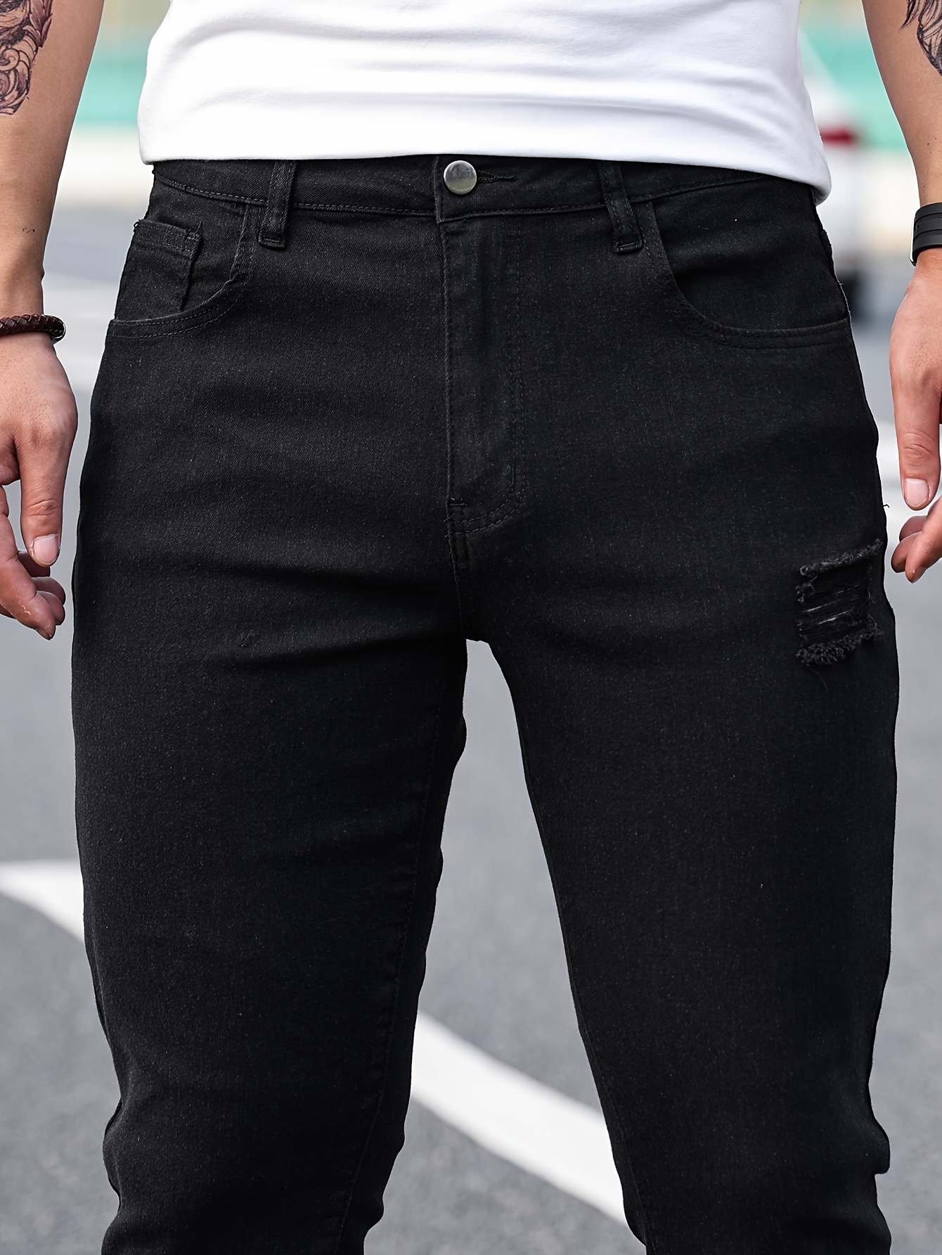 mens casual light blue ripped denim jeans details 3